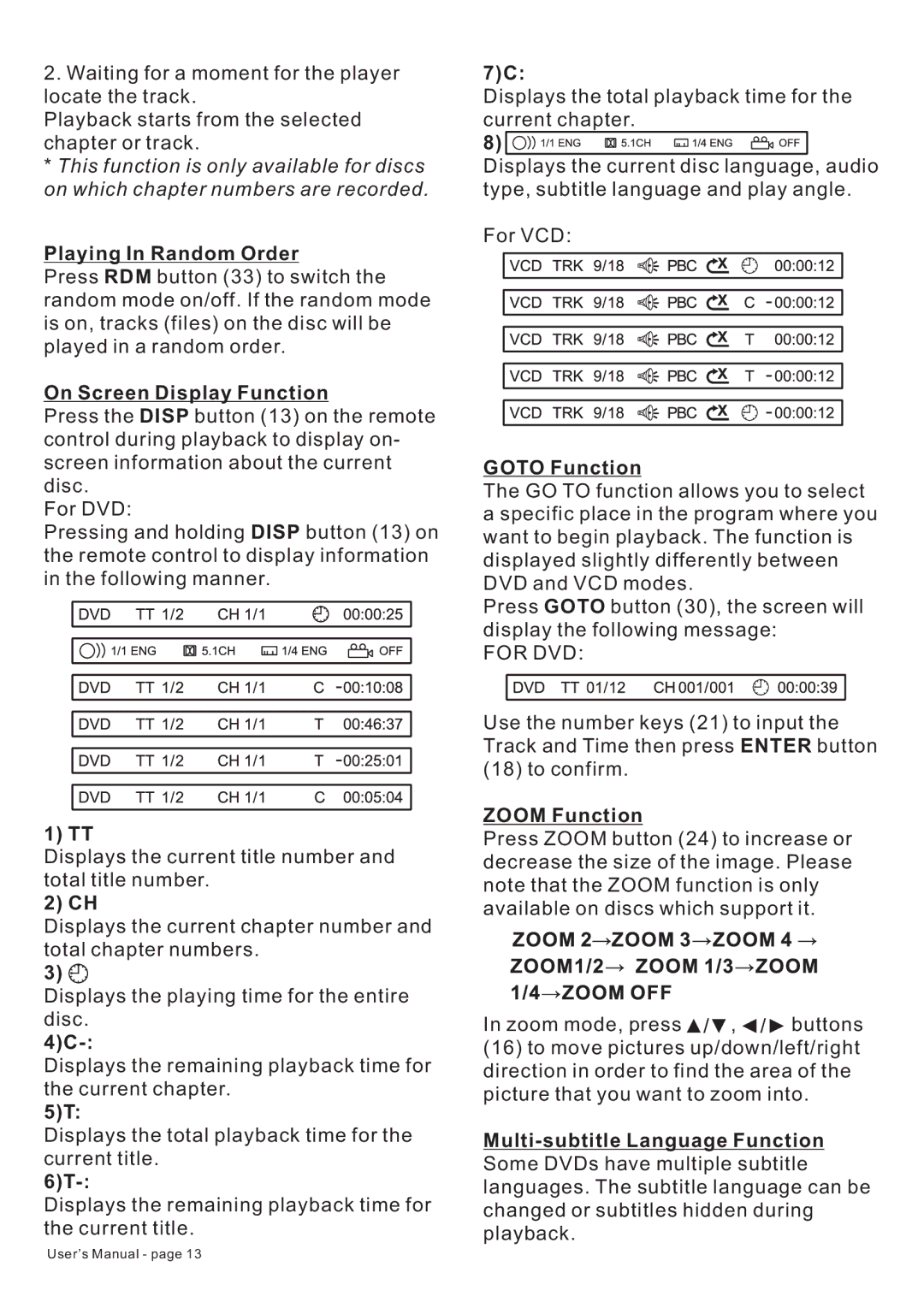 PYLE Audio PLDF23 owner manual Playing In Random Order, On Screen Display Function, Goto Function, Zoom Function 