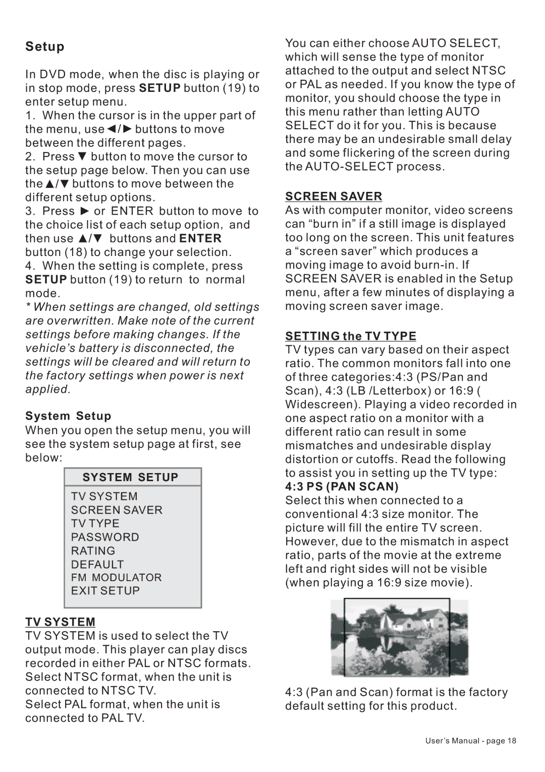 PYLE Audio PLDF23 owner manual System Setup, TV System, Screen Saver, PS PAN Scan 