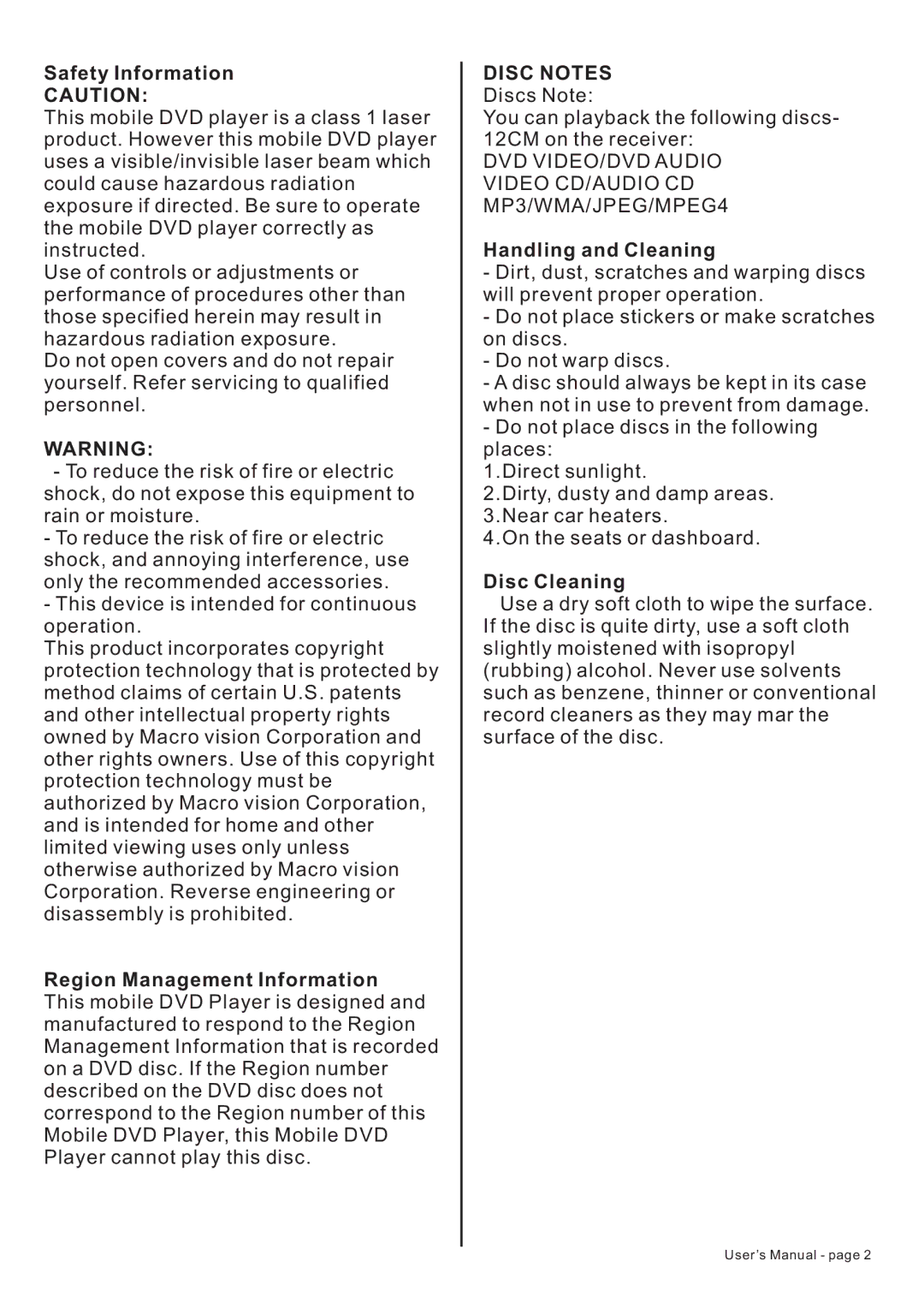 PYLE Audio PLDF23 owner manual Safety Information, Disc Notes, Handling and Cleaning, Disc Cleaning 