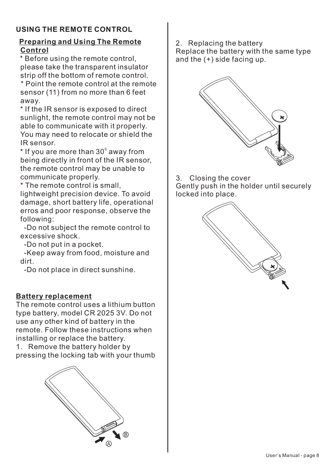 PYLE Audio PLDF23 owner manual Using the Remote Control, Preparing and Using The Remote Control, Battery replacement 