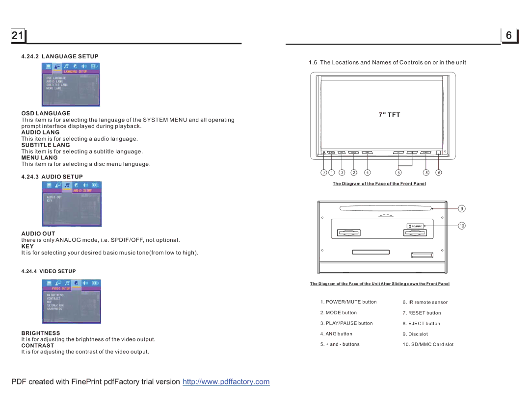 PYLE Audio PLDN70U manual Tft, Language Setup OSD Language 