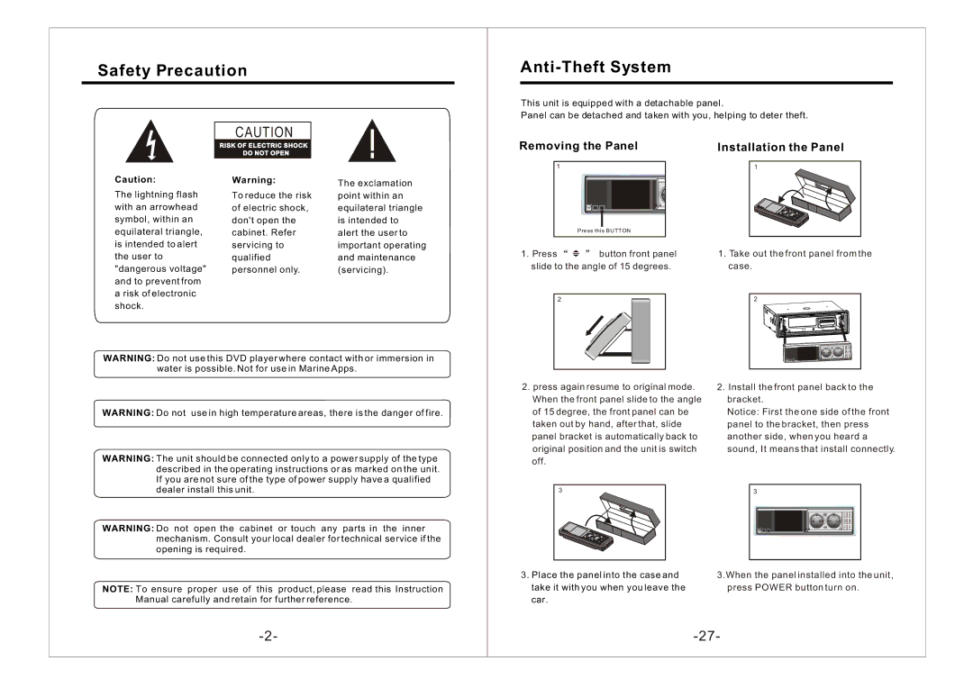 PYLE Audio PLDTF5M owner manual Safety Precaution Anti-Theft System, Installation the Panel 