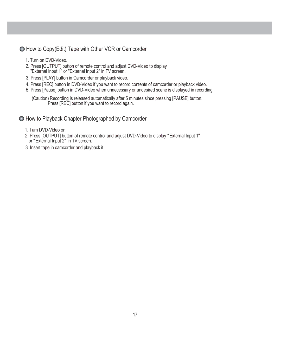 PYLE Audio PLDVCR600 How to CopyEdit Tape with Other VCR or Camcorder, How to Playback Chapter Photographed by Camcorder 