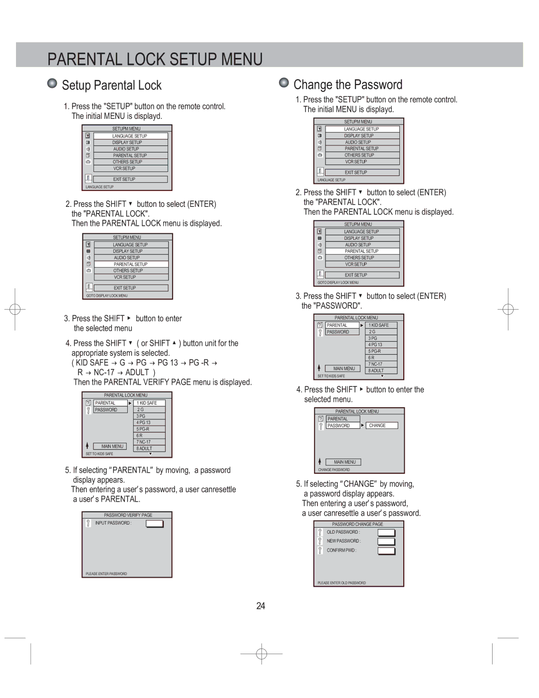 PYLE Audio PLDVCR500 Setup Parental Lock, Change the Password, Press the Shift button to select Enter the Password 