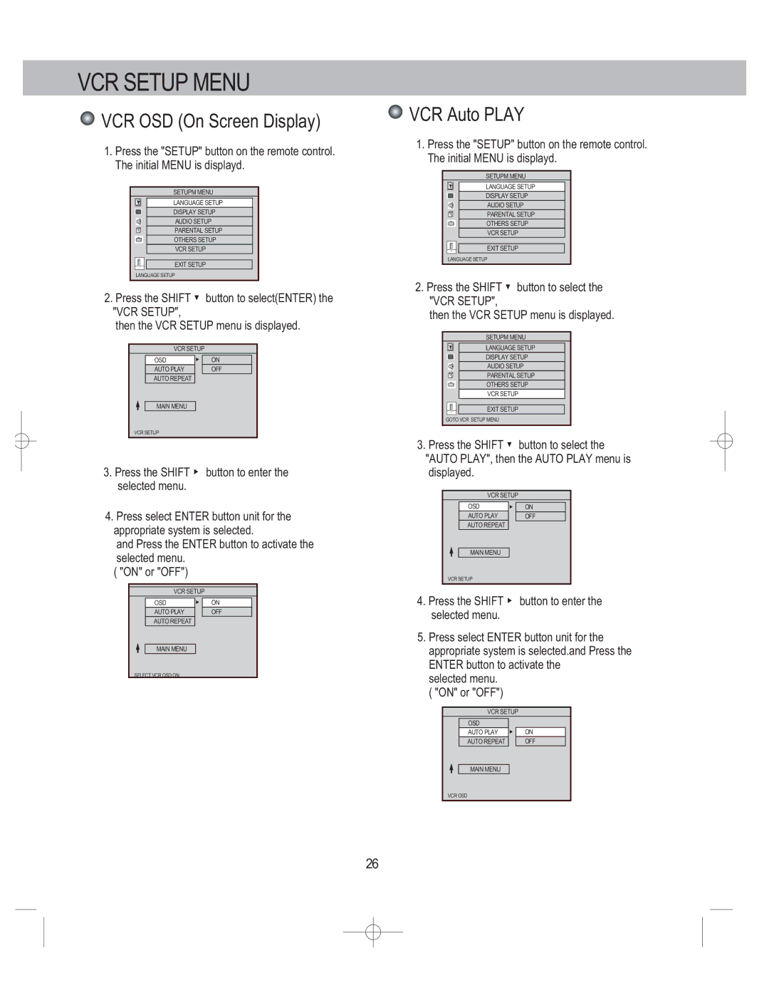 PYLE Audio PLDVCR500, PLDVCR600 user manual VCR OSD On Screen Display, VCR Auto Play 