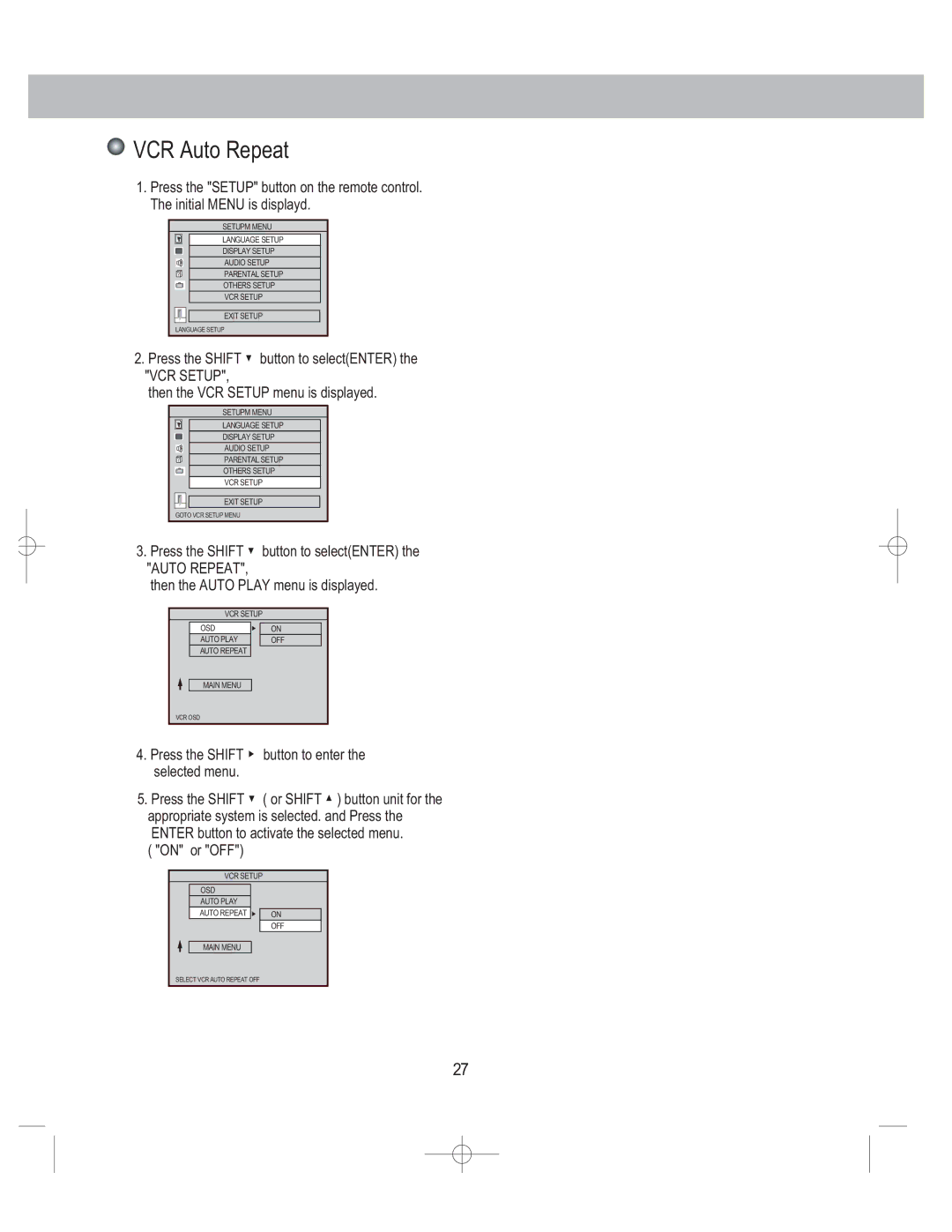 PYLE Audio PLDVCR600, PLDVCR500 user manual VCR Auto Repeat 