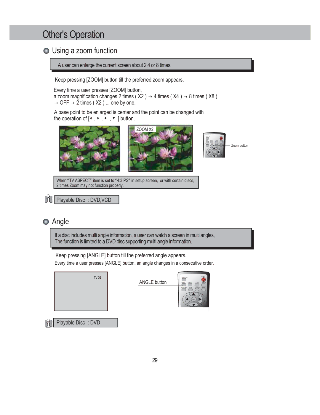 PYLE Audio PLDVCR600, PLDVCR500 user manual Others Operation, Using a zoom function, Angle 