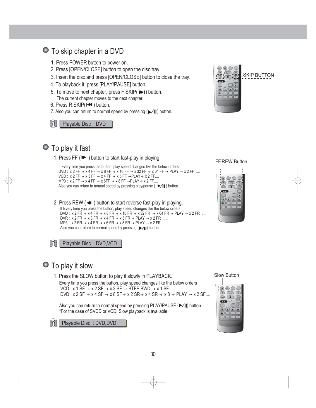 PYLE Audio PLDVCR500, PLDVCR600 user manual To skip chapter in a DVD, To play it fast, To play it slow 