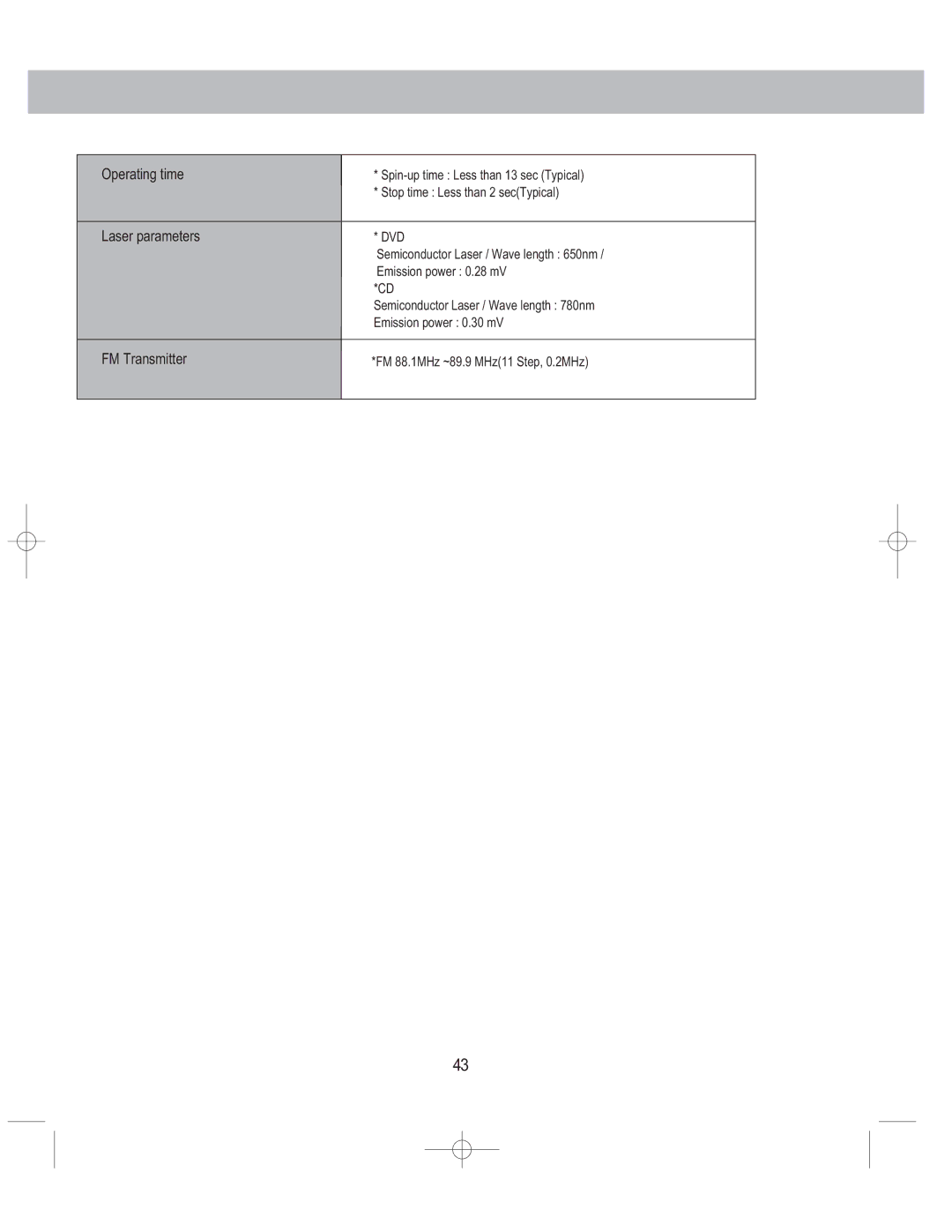 PYLE Audio PLDVCR600, PLDVCR500 user manual Operating time, Laser parameters 