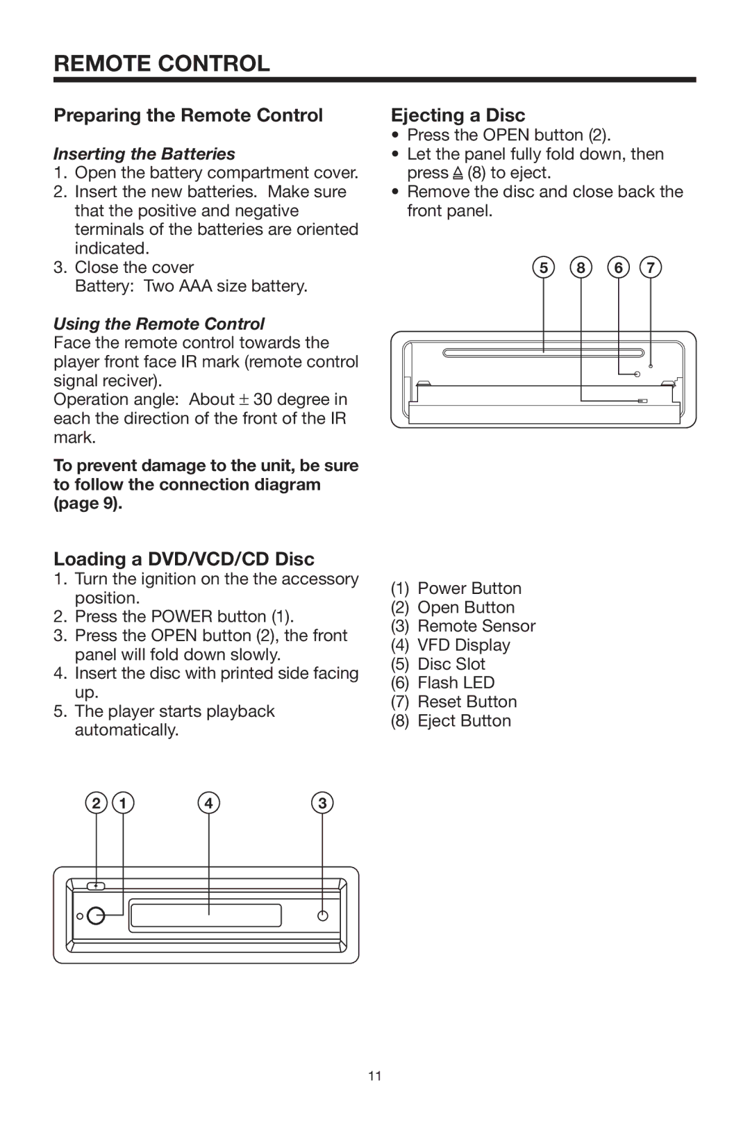 PYLE Audio PLDVD-150 owner manual Preparing the Remote Control, Loading a DVD/VCD/CD Disc, Ejecting a Disc 