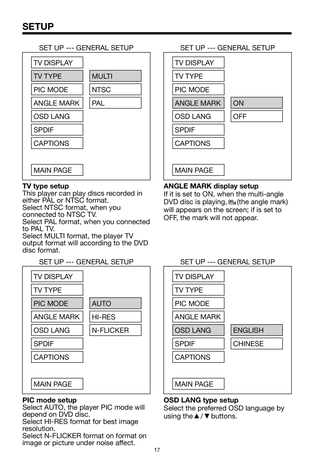 PYLE Audio PLDVD-150 owner manual TV type setup, Angle Mark display setup, PIC mode setup, OSD Lang type setup 