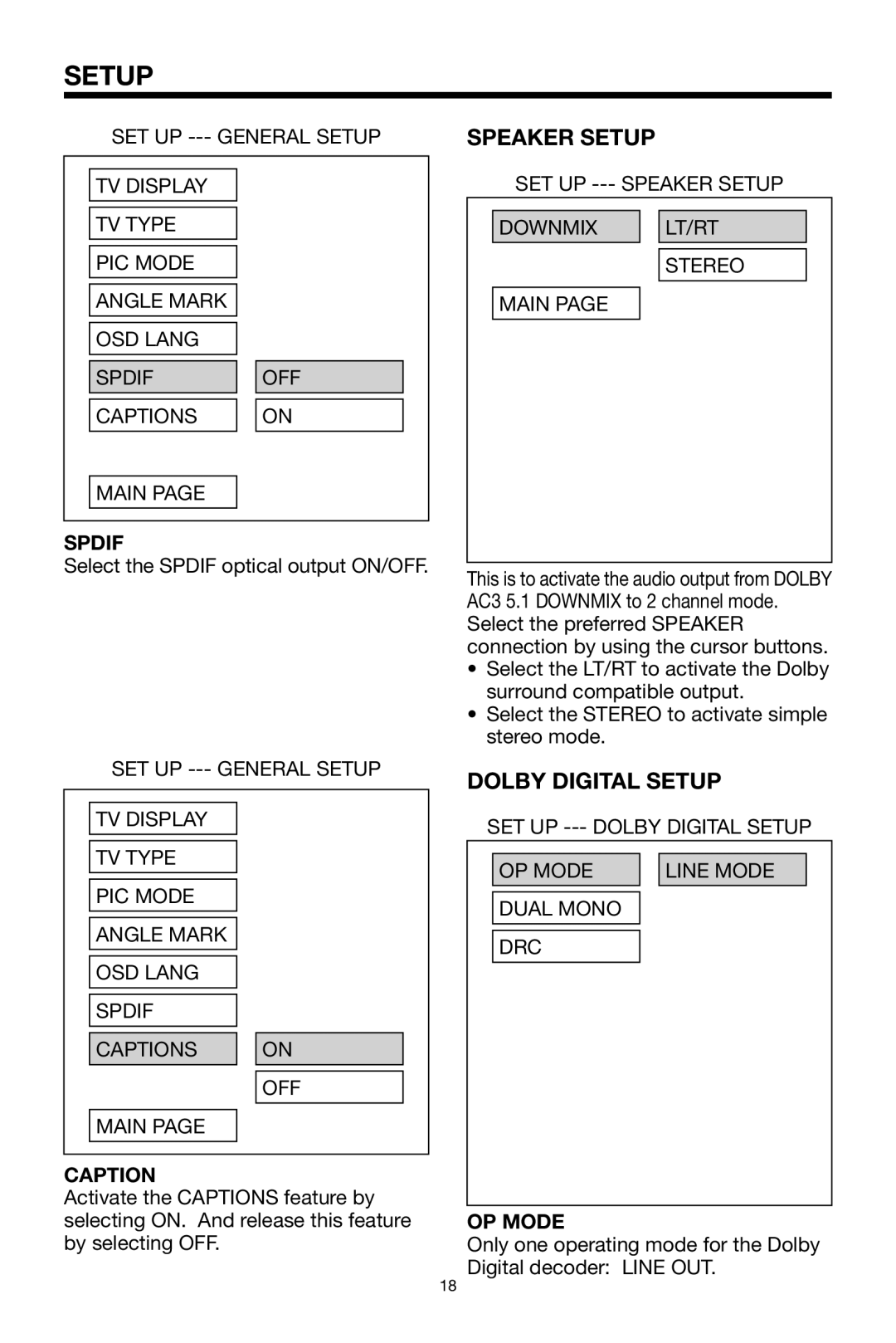 PYLE Audio PLDVD-150 owner manual Spdif, Caption, SET UP --- Speaker Setup Downmix LT/RT Stereo Main, OP Mode 