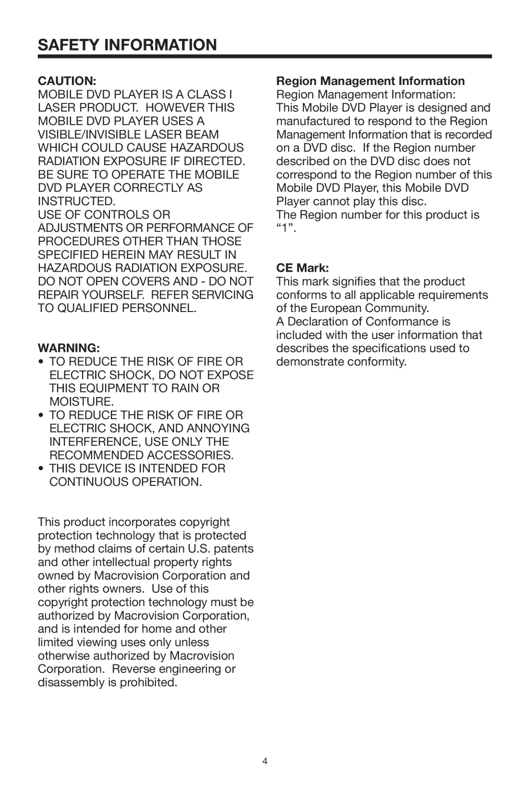 PYLE Audio PLDVD-150 owner manual Safety Information, Region Management Information Region Management Information, CE Mark 