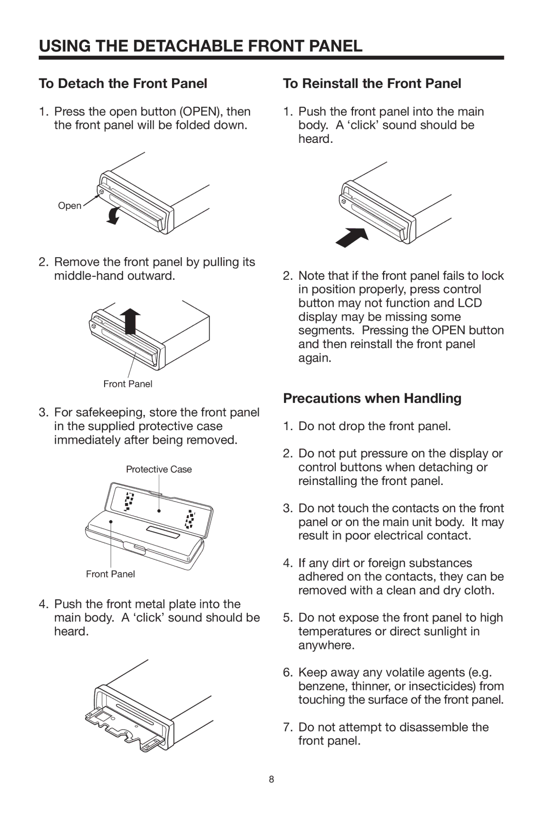 PYLE Audio PLDVD-150 owner manual Using the Detachable Front Panel, To Detach the Front Panel, To Reinstall the Front Panel 