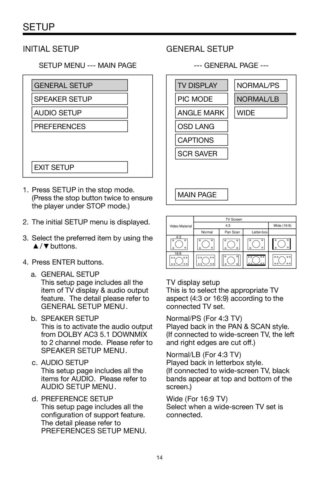 PYLE Audio PLDVD130 owner manual Initial Setup, General Setup 