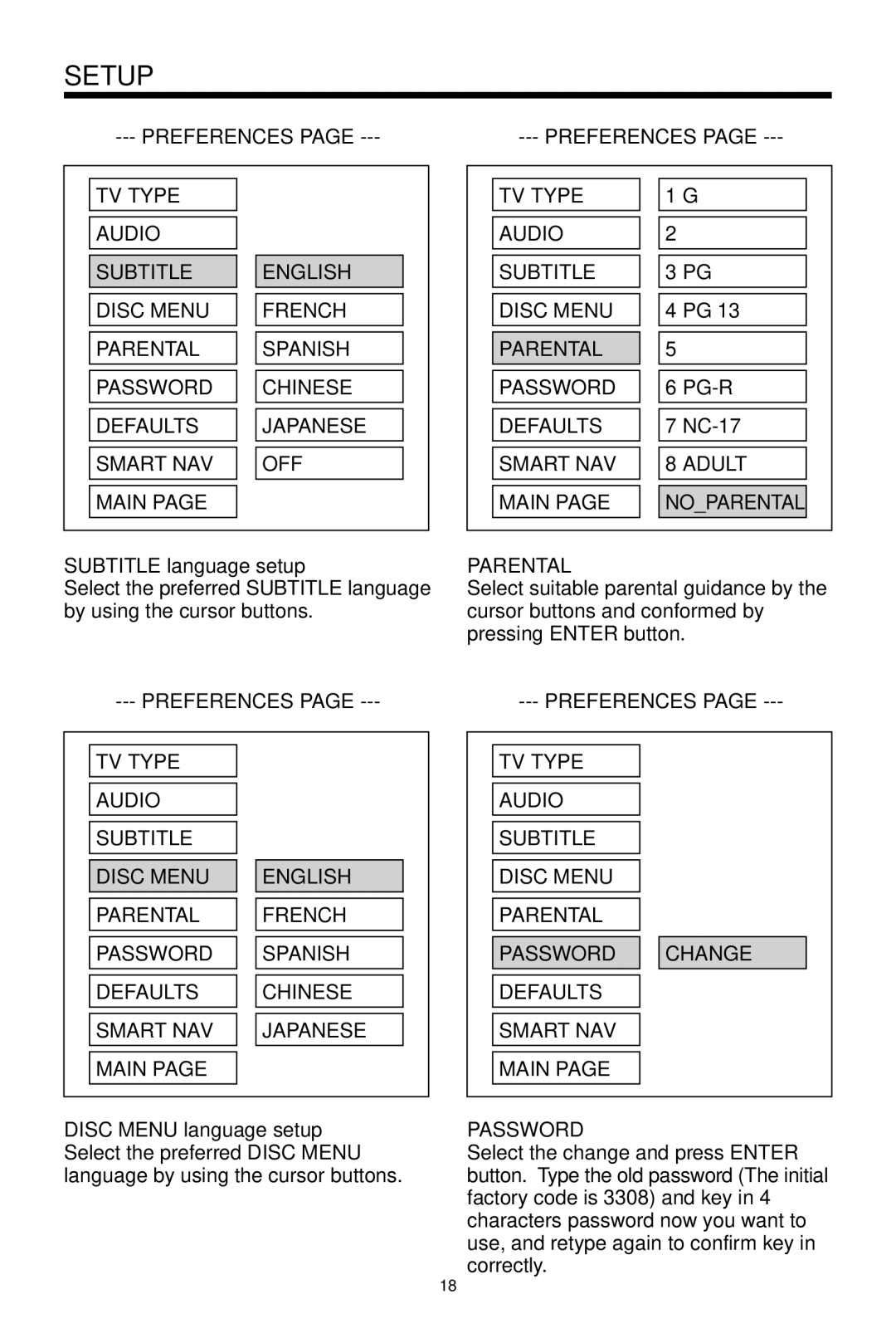 PYLE Audio PLDVD130 owner manual Subtitle language setup, Parental, Password 