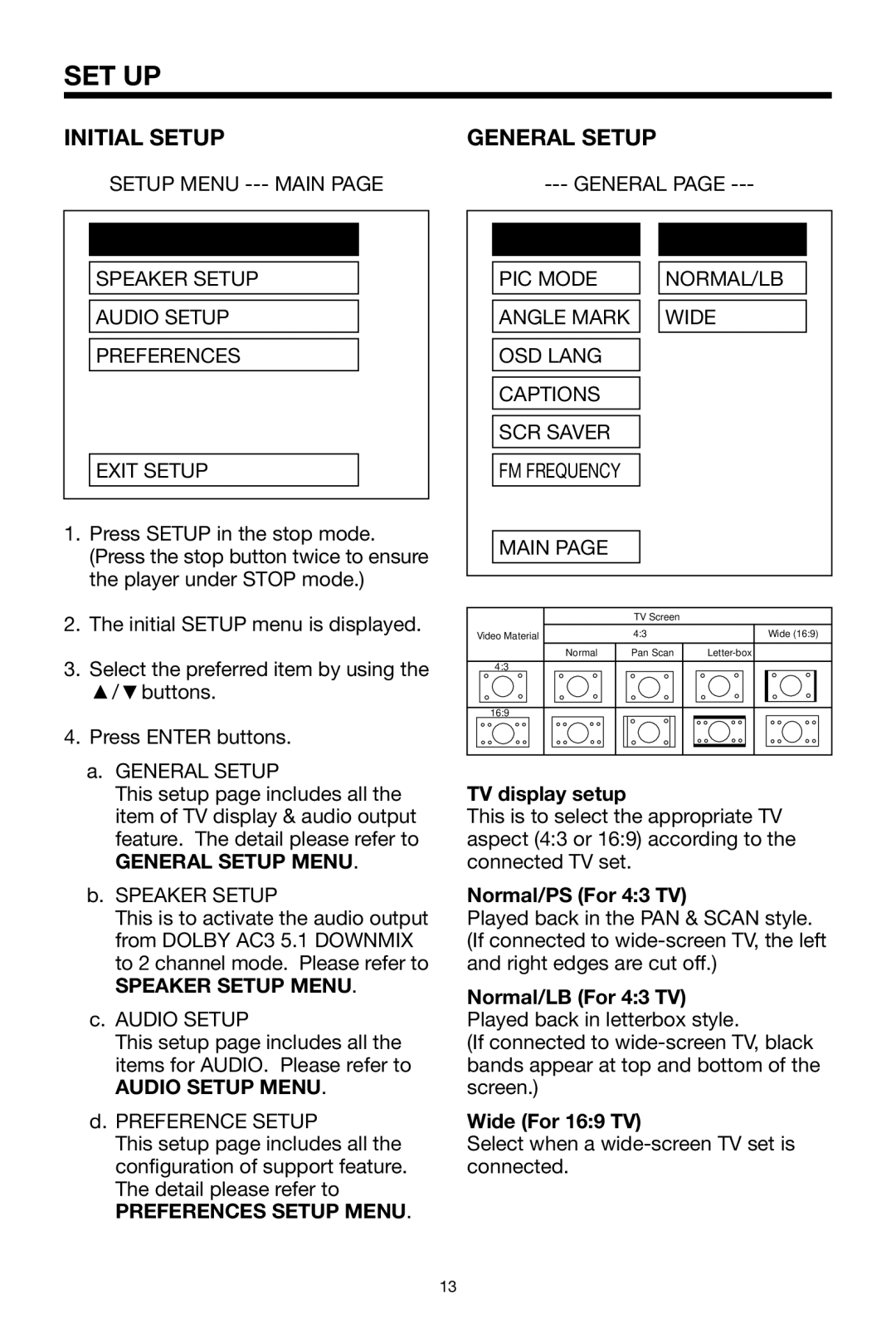 PYLE Audio PLDVD132 owner manual Set Up, Initial Setup, General Setup 