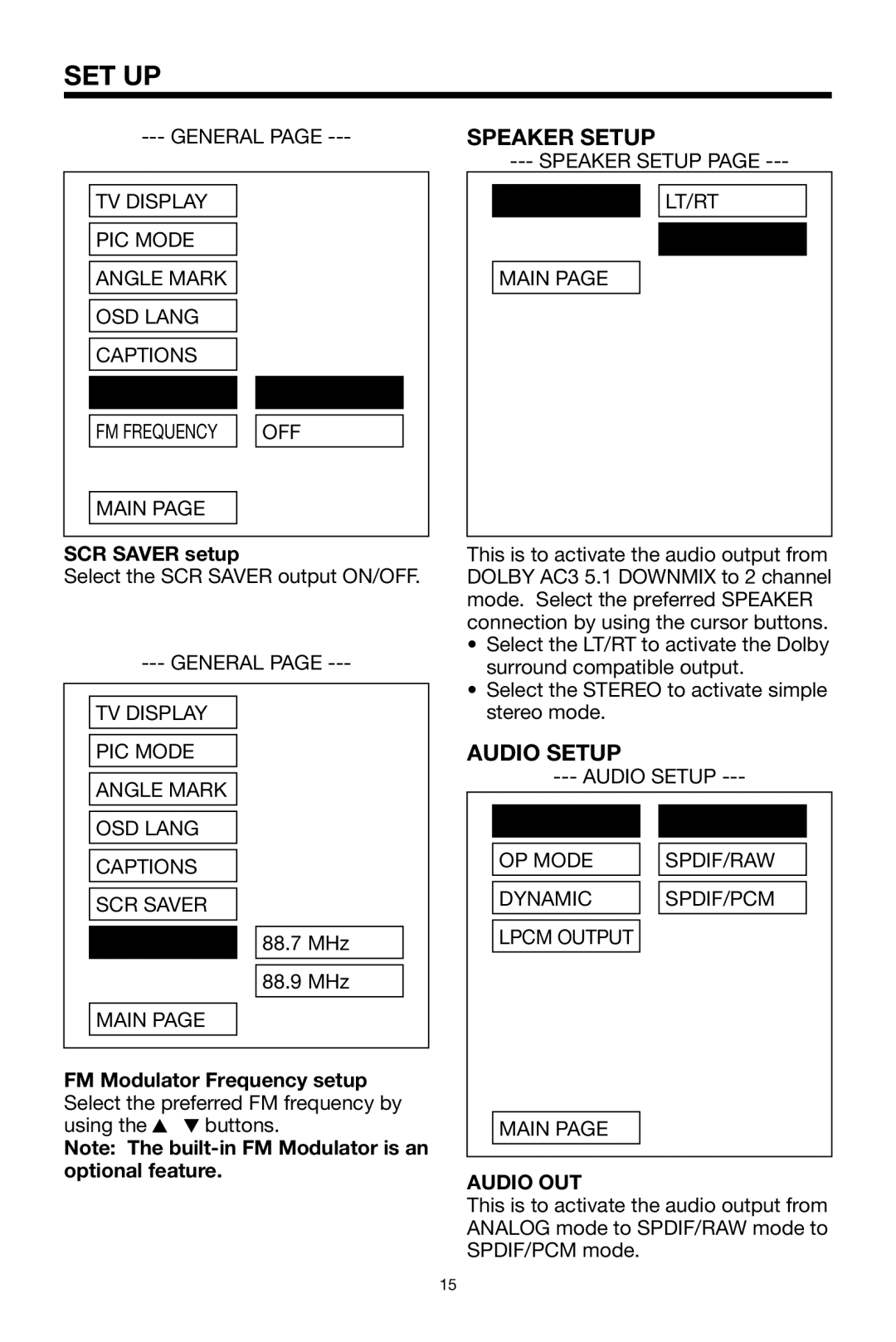 PYLE Audio PLDVD132 owner manual Speaker Setup, Audio Setup, SCR Saver setup, Audio OUT 