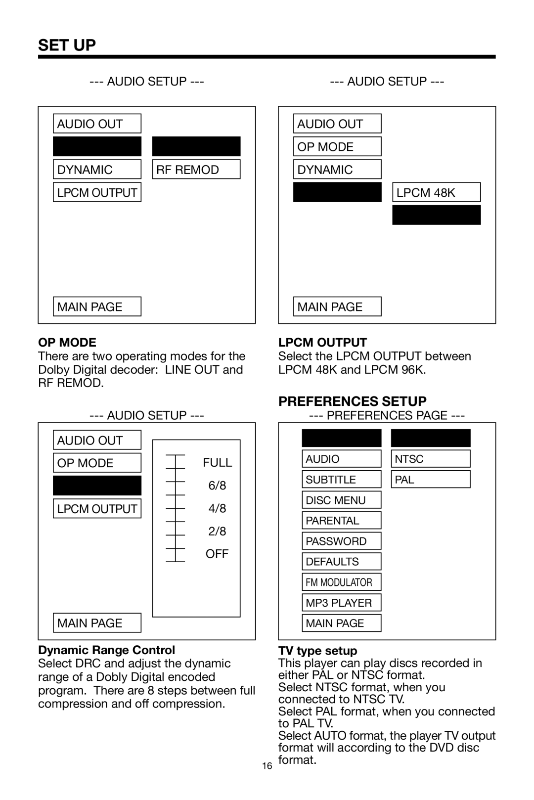 PYLE Audio PLDVD132 owner manual Preferences Setup, OP Mode, Lpcm Output, Dynamic Range Control, TV type setup 