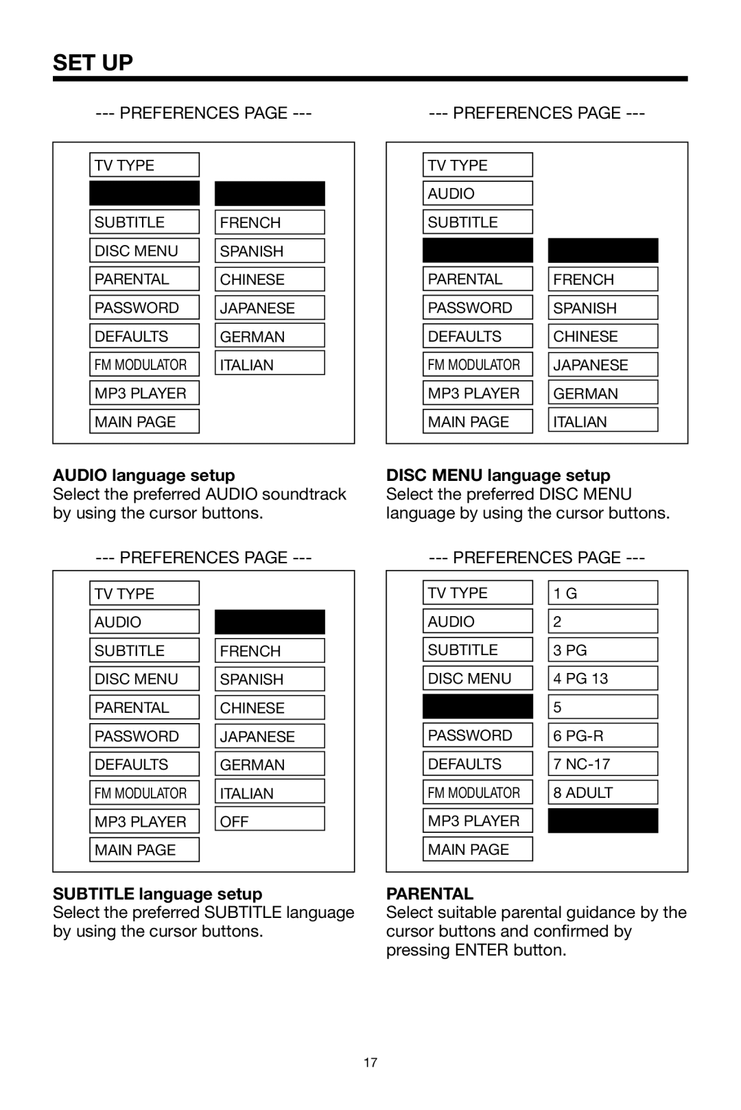 PYLE Audio PLDVD132 owner manual Audio language setup, Subtitle language setup, Parental 