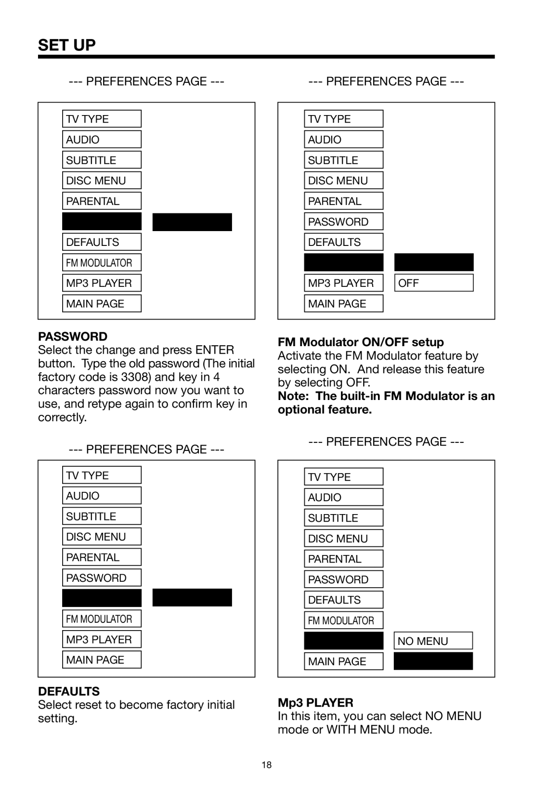 PYLE Audio PLDVD132 owner manual Password, Defaults, Mp3 Player 