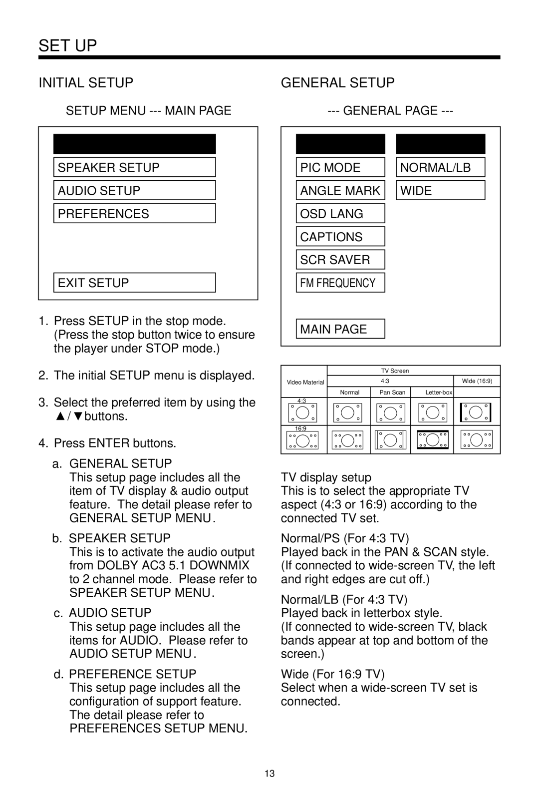 PYLE Audio PLDVD134F owner manual Set Up, Initial Setup, General Setup 