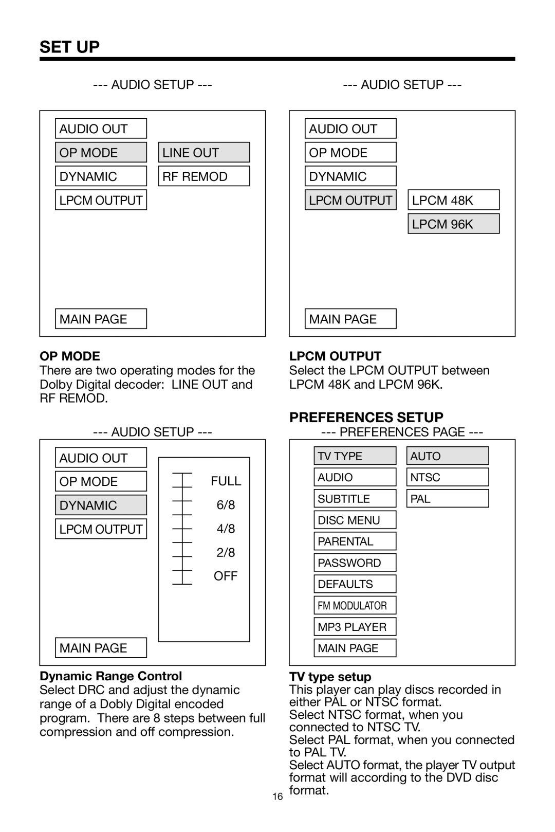 PYLE Audio PLDVD134F owner manual Preferences Setup, OP Mode, Lpcm Output, Dynamic Range Control, TV type setup 