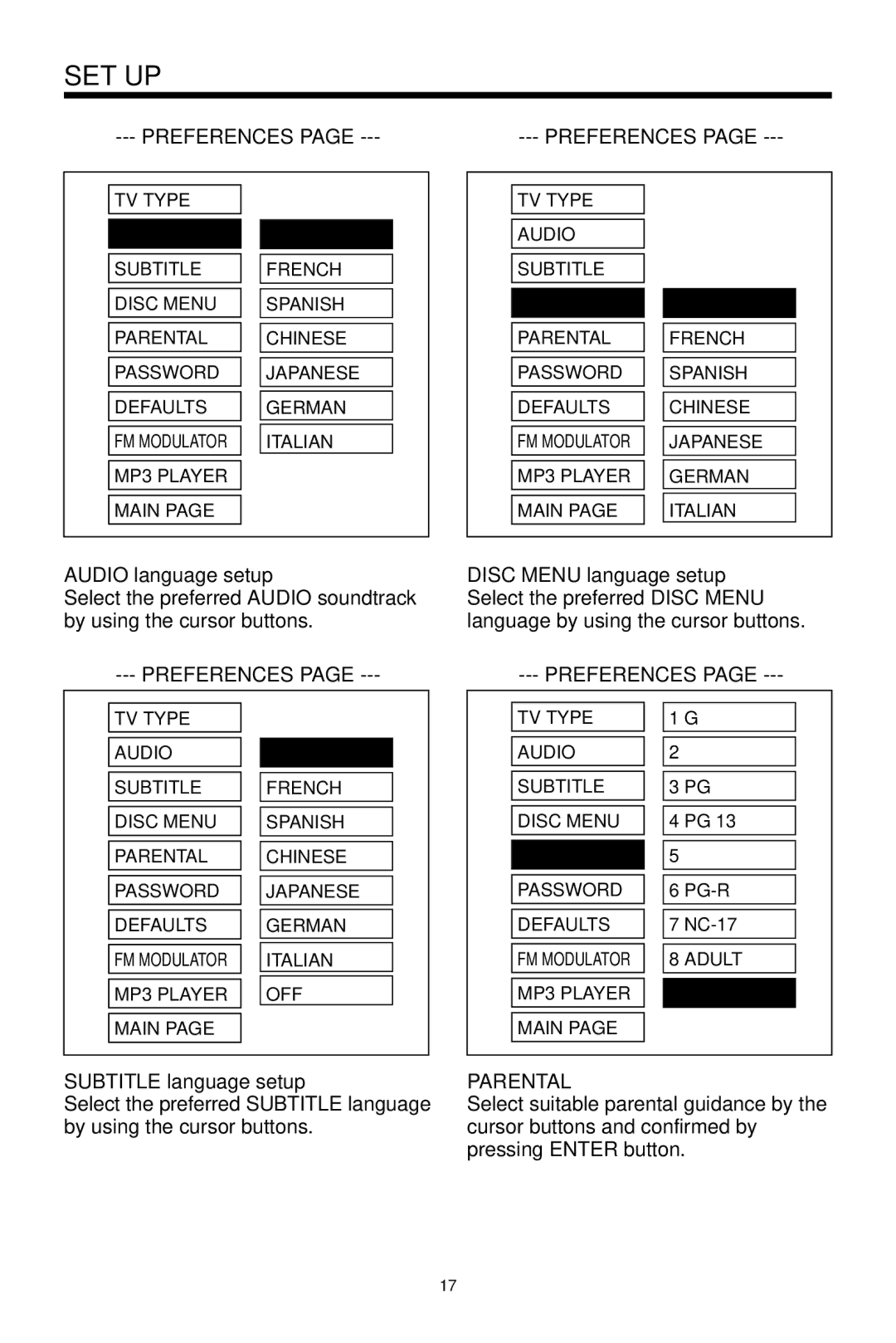 PYLE Audio PLDVD134F owner manual Audio language setup, Subtitle language setup, Parental 