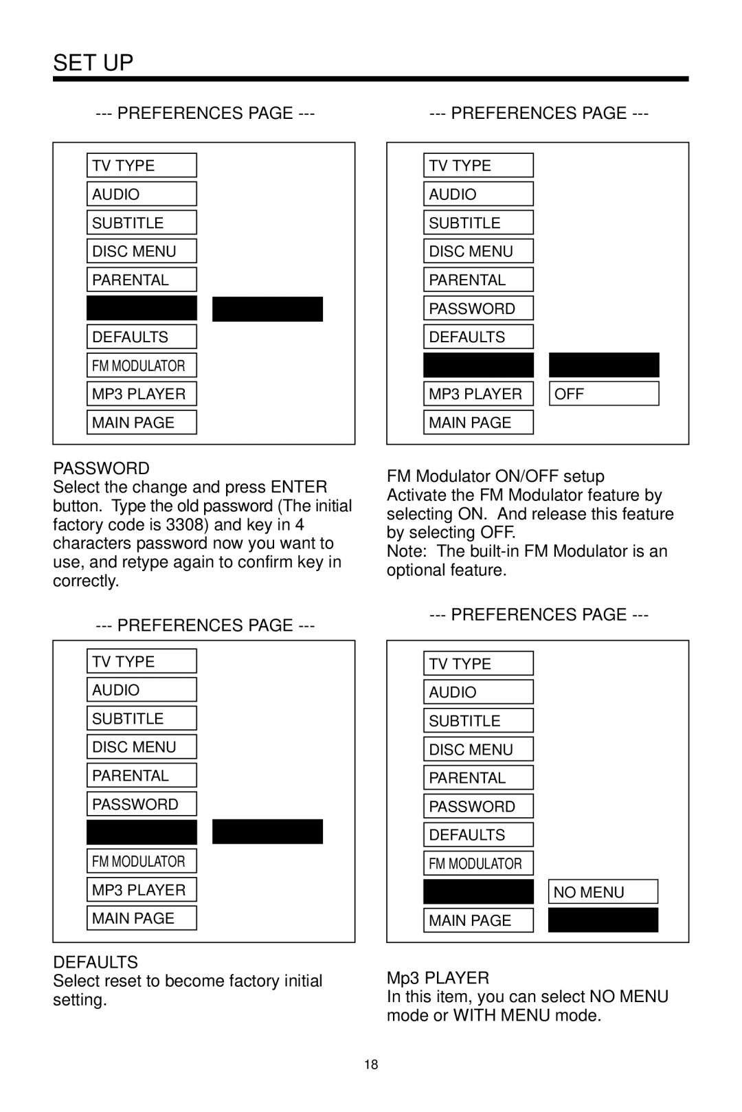 PYLE Audio PLDVD134F owner manual Password, Defaults, Mp3 Player 