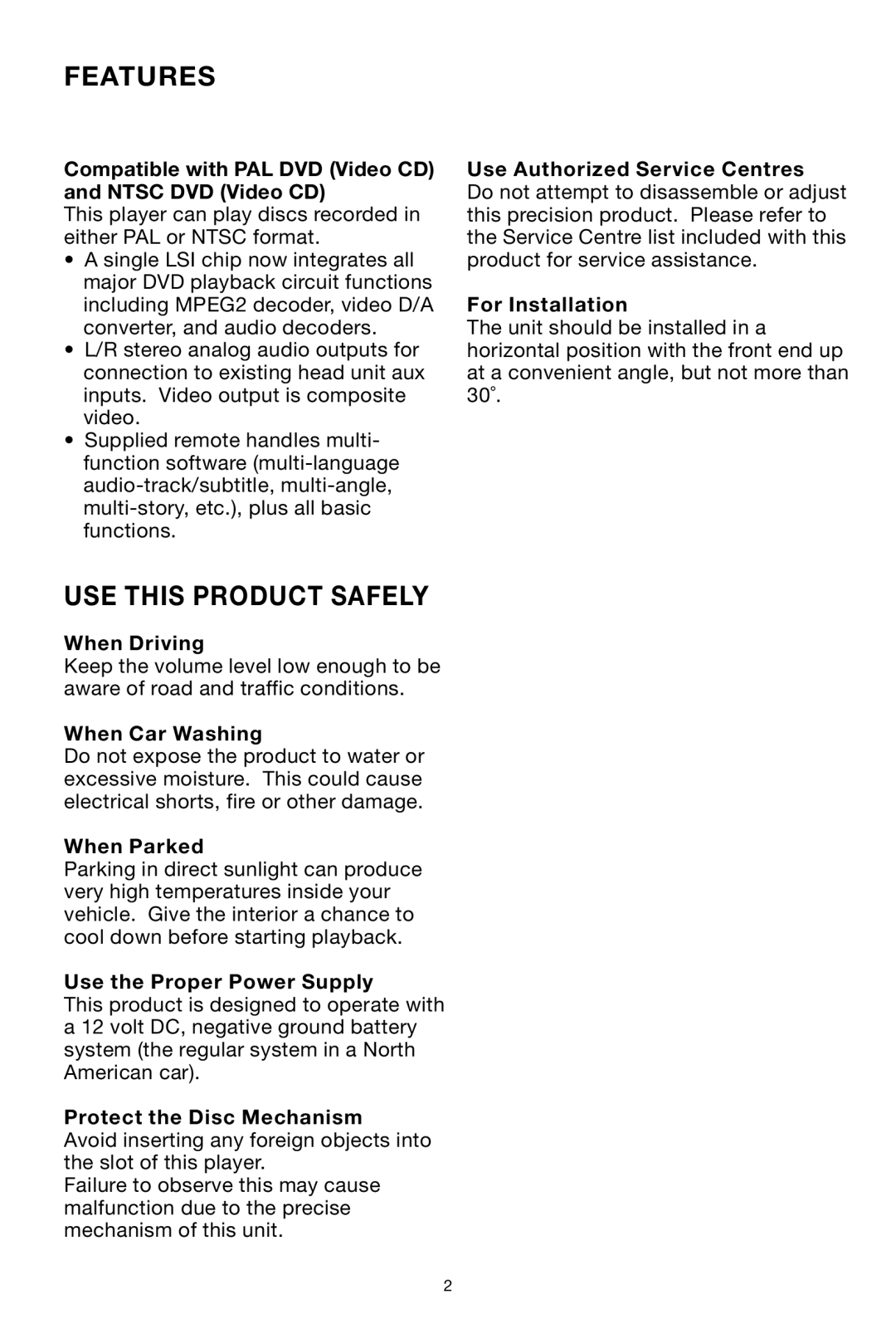 PYLE Audio PLDVD134F owner manual Features, USE this Product Safely 