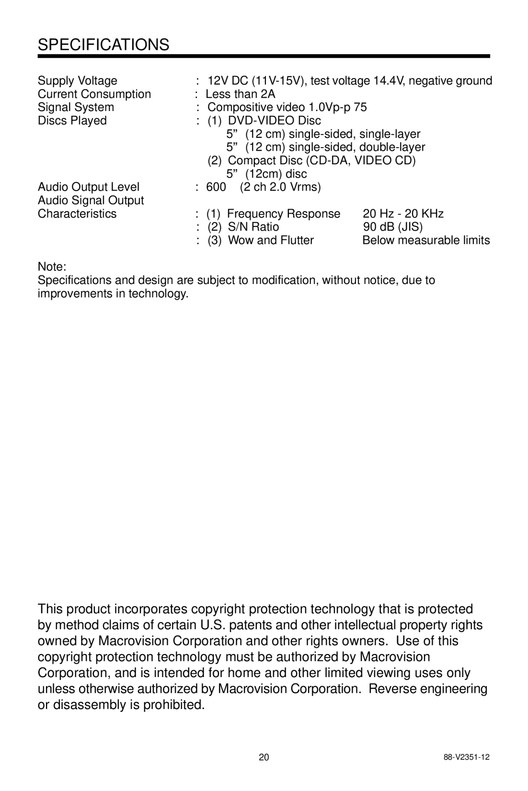 PYLE Audio PLDVD134F owner manual Specifications 