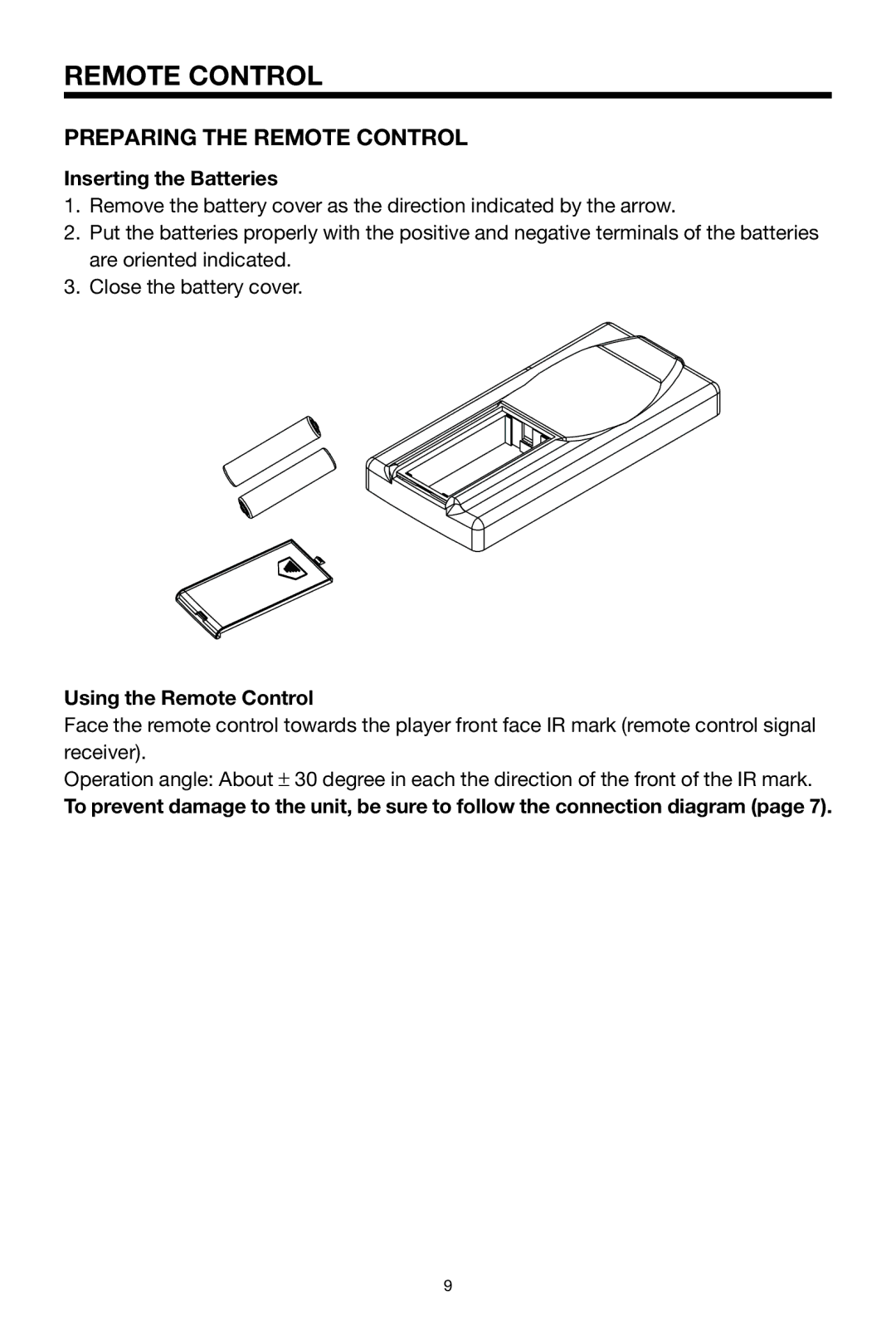 PYLE Audio PLDVD134F owner manual Preparing the Remote Control, Inserting the Batteries, Using the Remote Control 