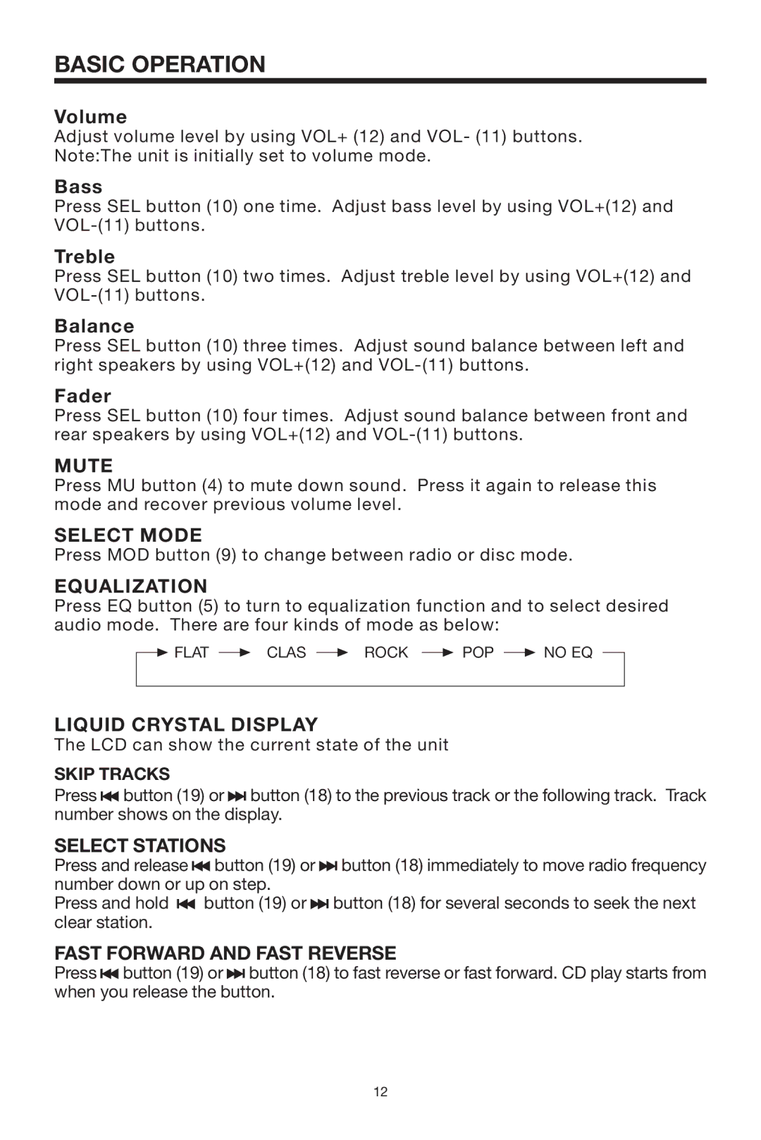 PYLE Audio PLDVD168 owner manual Mute, Equalization, Liquid Crystal Display, Select Stations, Fast Forward and Fast Reverse 