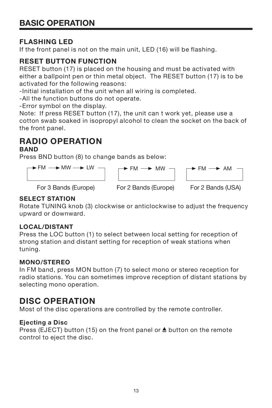 PYLE Audio PLDVD168 owner manual Radio Operation, Disc Operation, Flashing LED, Reset Button Function 