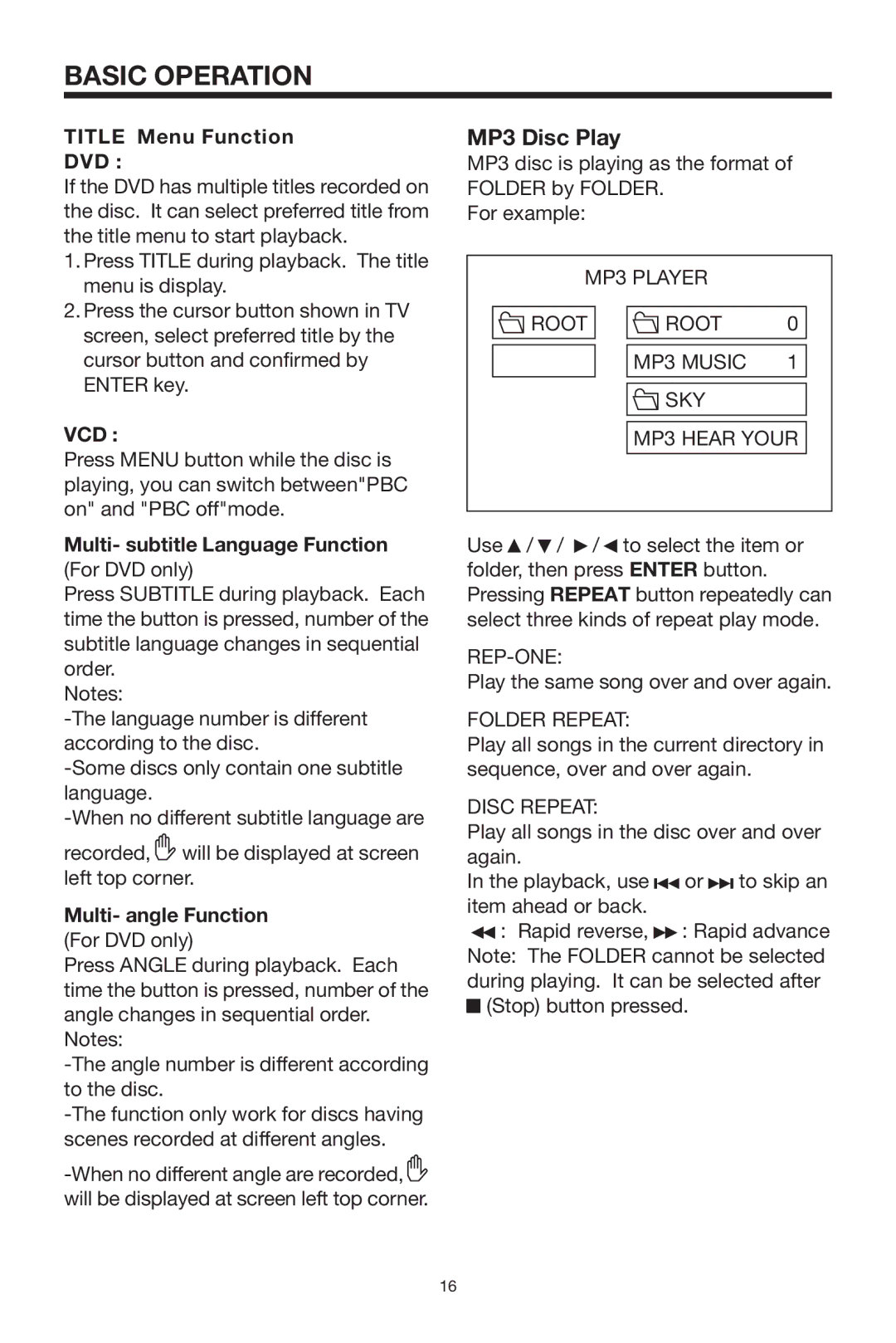 PYLE Audio PLDVD168 owner manual Title Menu Function, Multi- subtitle Language Function, Multi- angle Function 