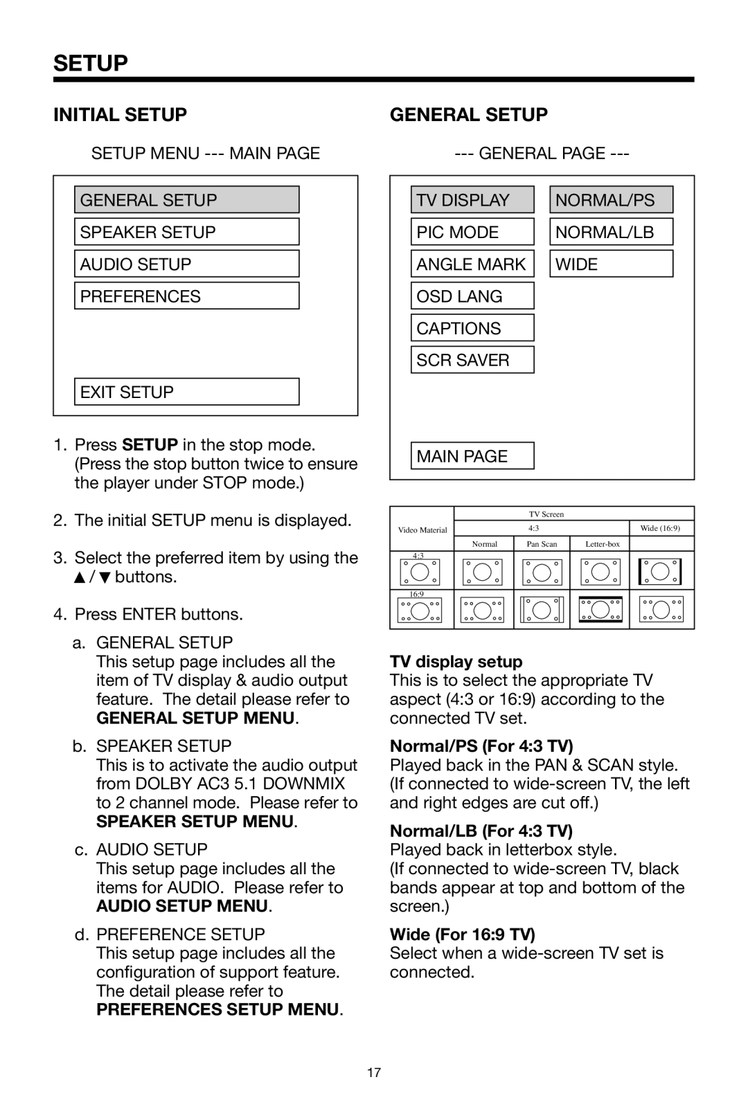 PYLE Audio PLDVD168 owner manual Initial Setup, General Setup 