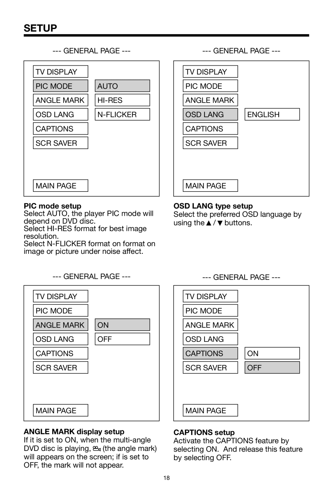 PYLE Audio PLDVD168 owner manual PIC mode setup, OSD Lang type setup, Angle Mark display setup, Captions setup 