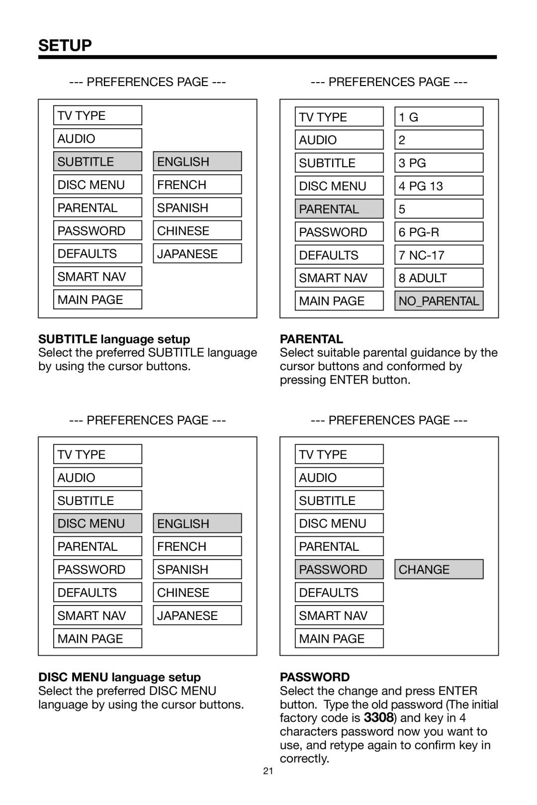 PYLE Audio PLDVD168 owner manual Subtitle language setup, Parental, Password 