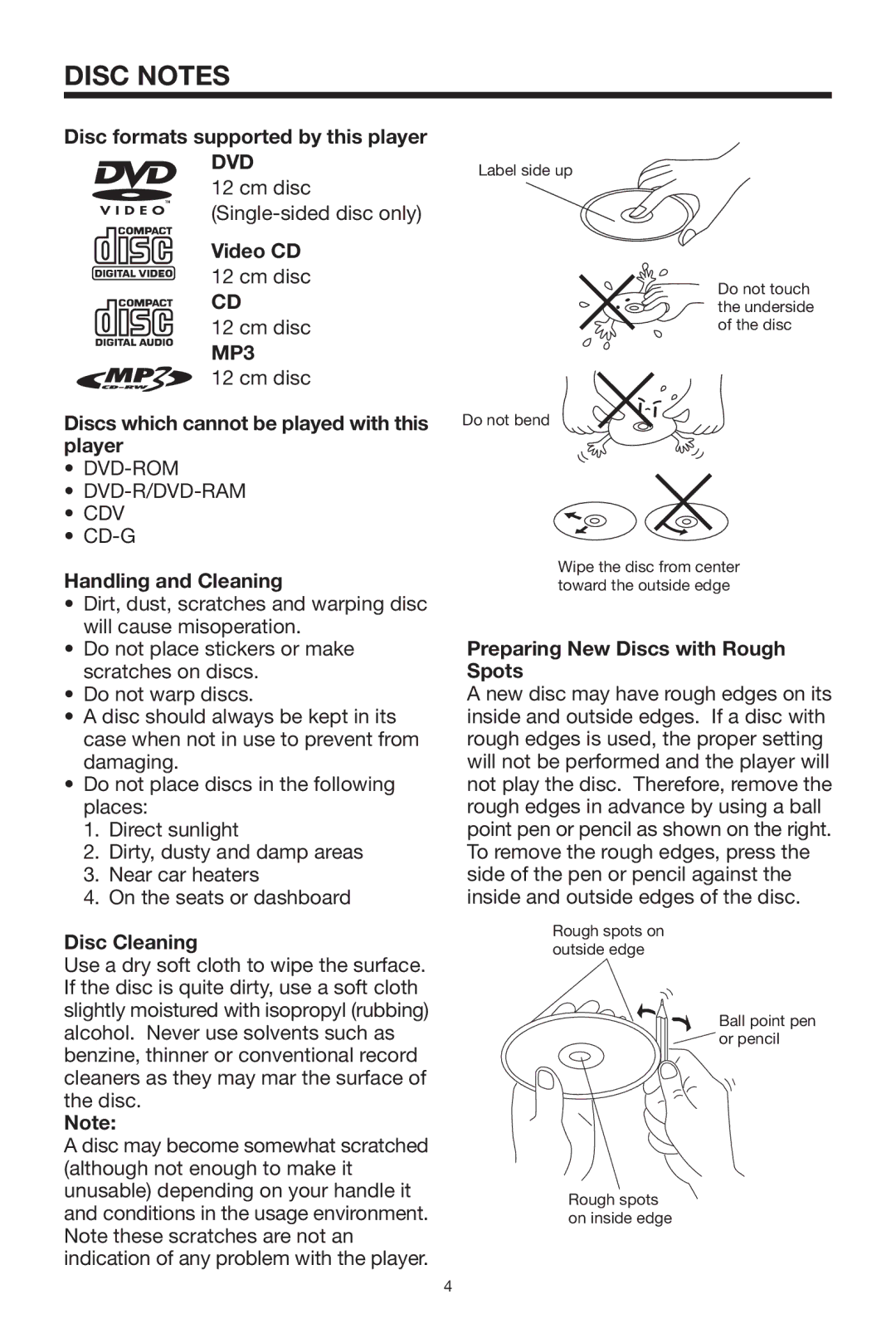 PYLE Audio PLDVD168 owner manual Disc Notes, Dvd, MP3 