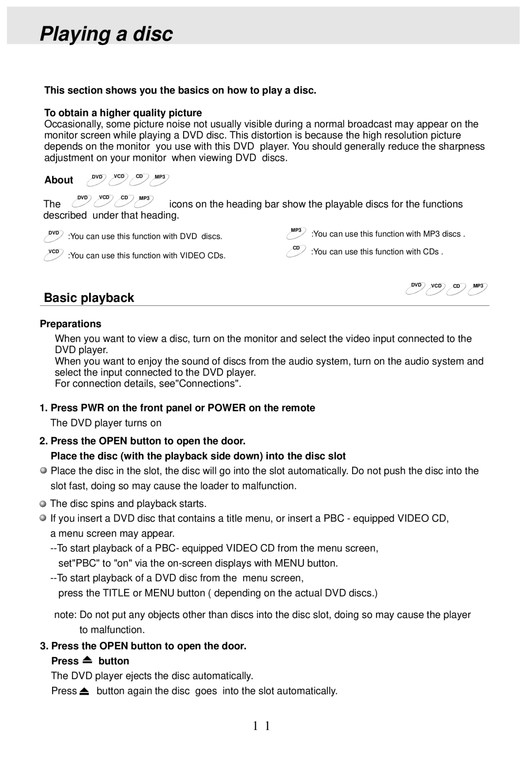 PYLE Audio PLDVD170 operating instructions Playing a disc, Basic playback 