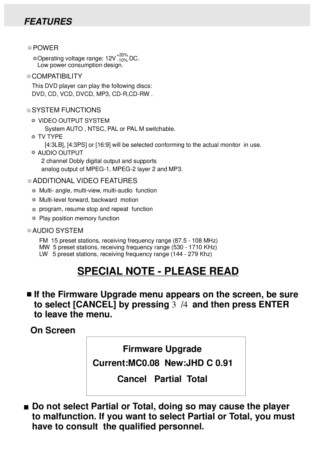 PYLE Audio PLDVD170 operating instructions Features, System Functions 