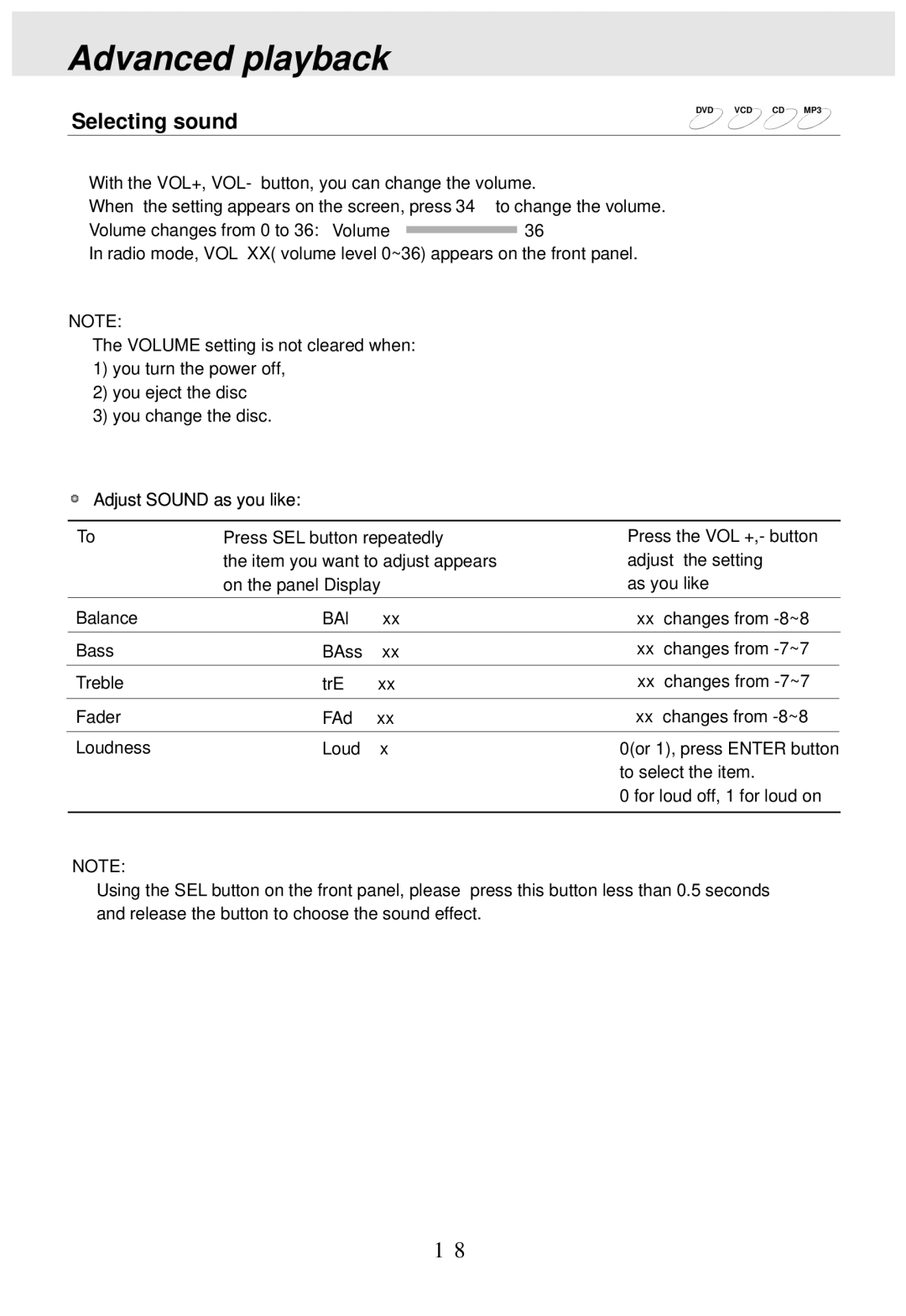 PYLE Audio PLDVD170 operating instructions Selecting sound 