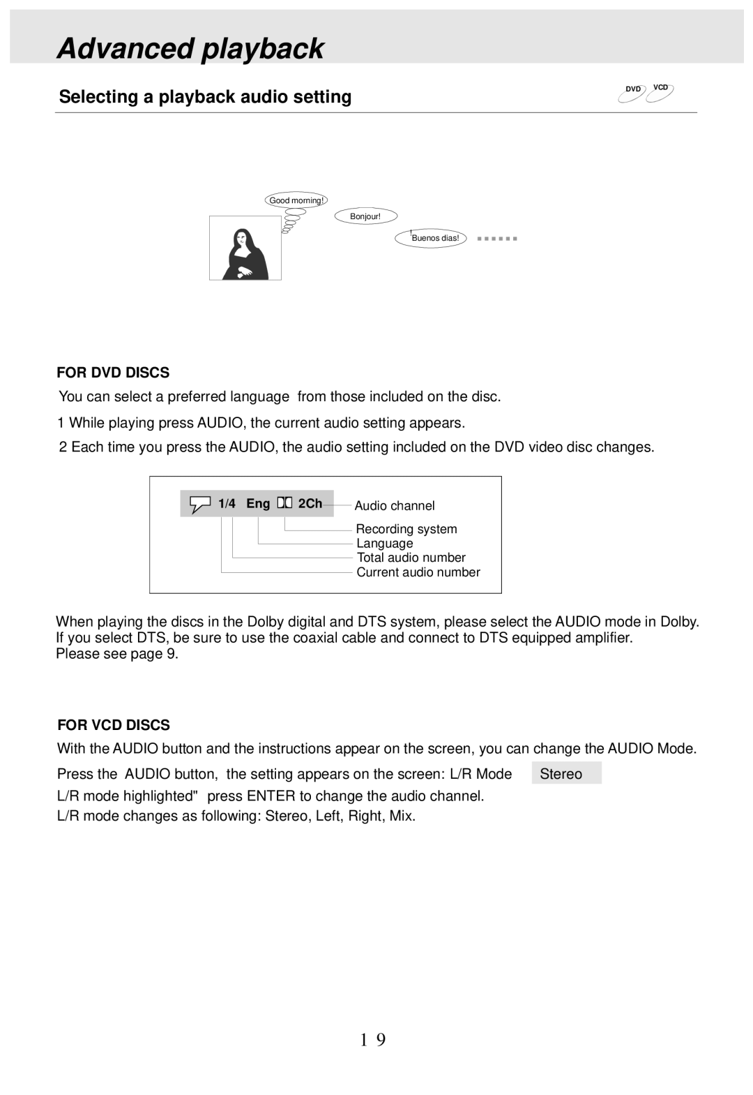 PYLE Audio PLDVD170 operating instructions Selecting a playback audio setting, For DVD Discs 