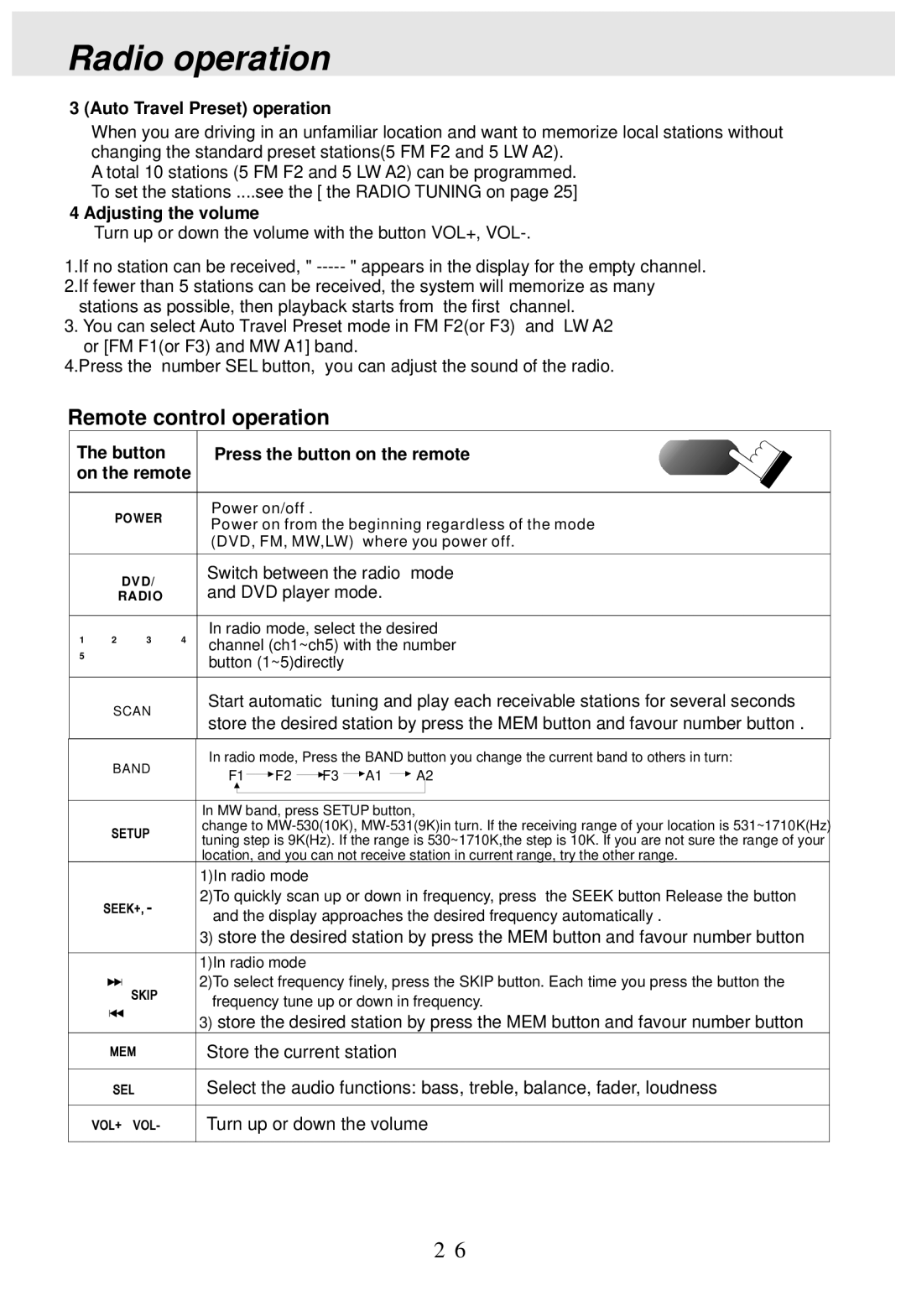 PYLE Audio PLDVD170 operating instructions Auto Travel Preset operation, Adjusting the volume, DVD player mode 