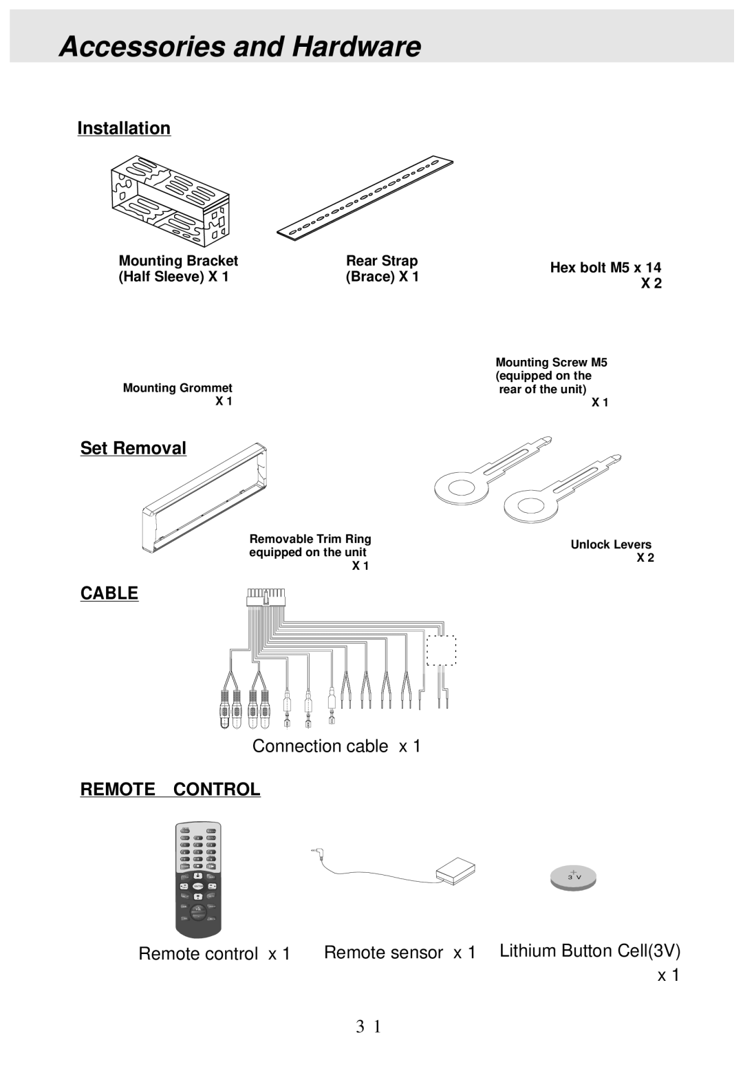 PYLE Audio PLDVD170 operating instructions Accessories and Hardware, Installation, Set Removal 