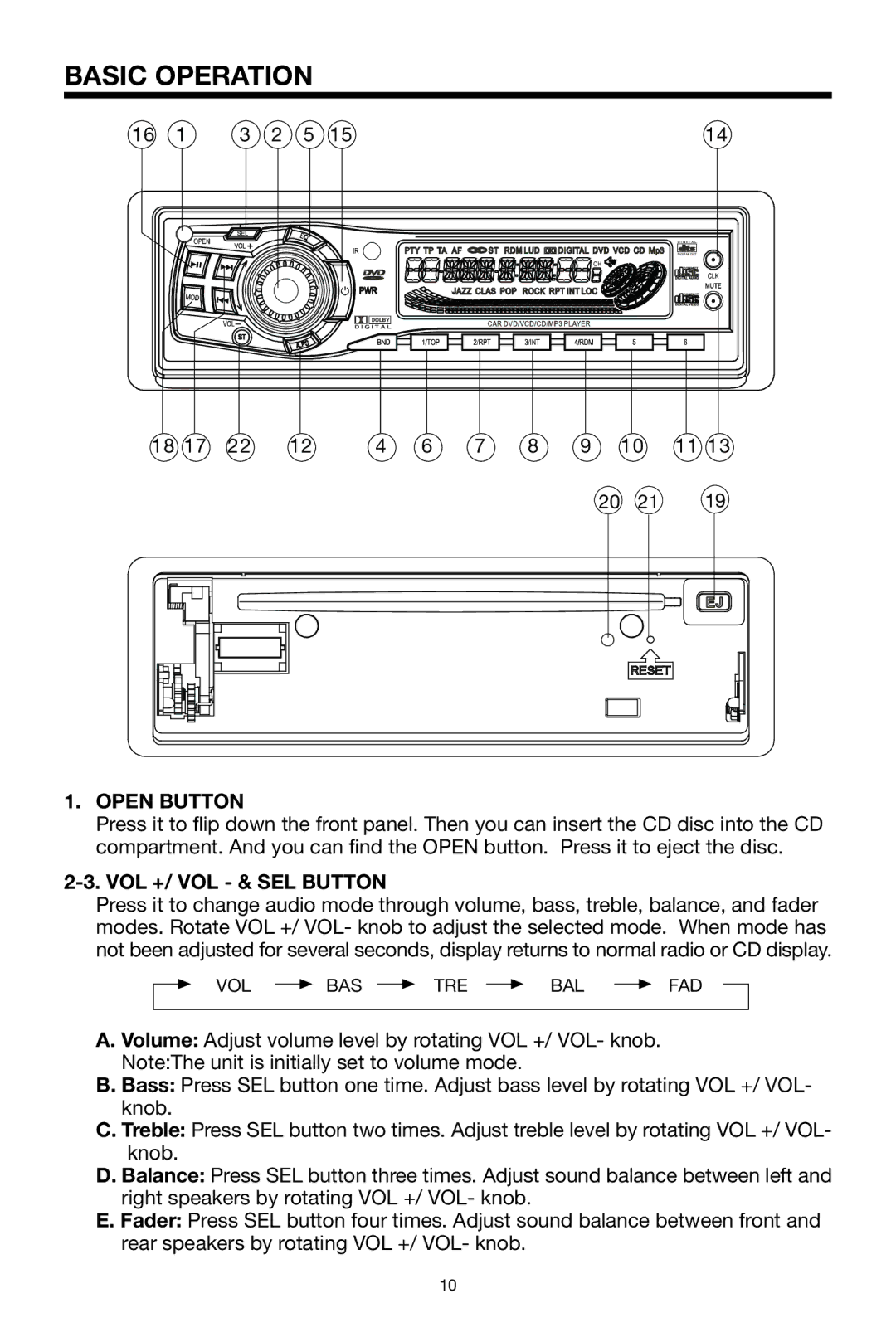 PYLE Audio PLDVD178USB owner manual Basic Operation, Open Button, VOL +/ VOL & SEL Button 