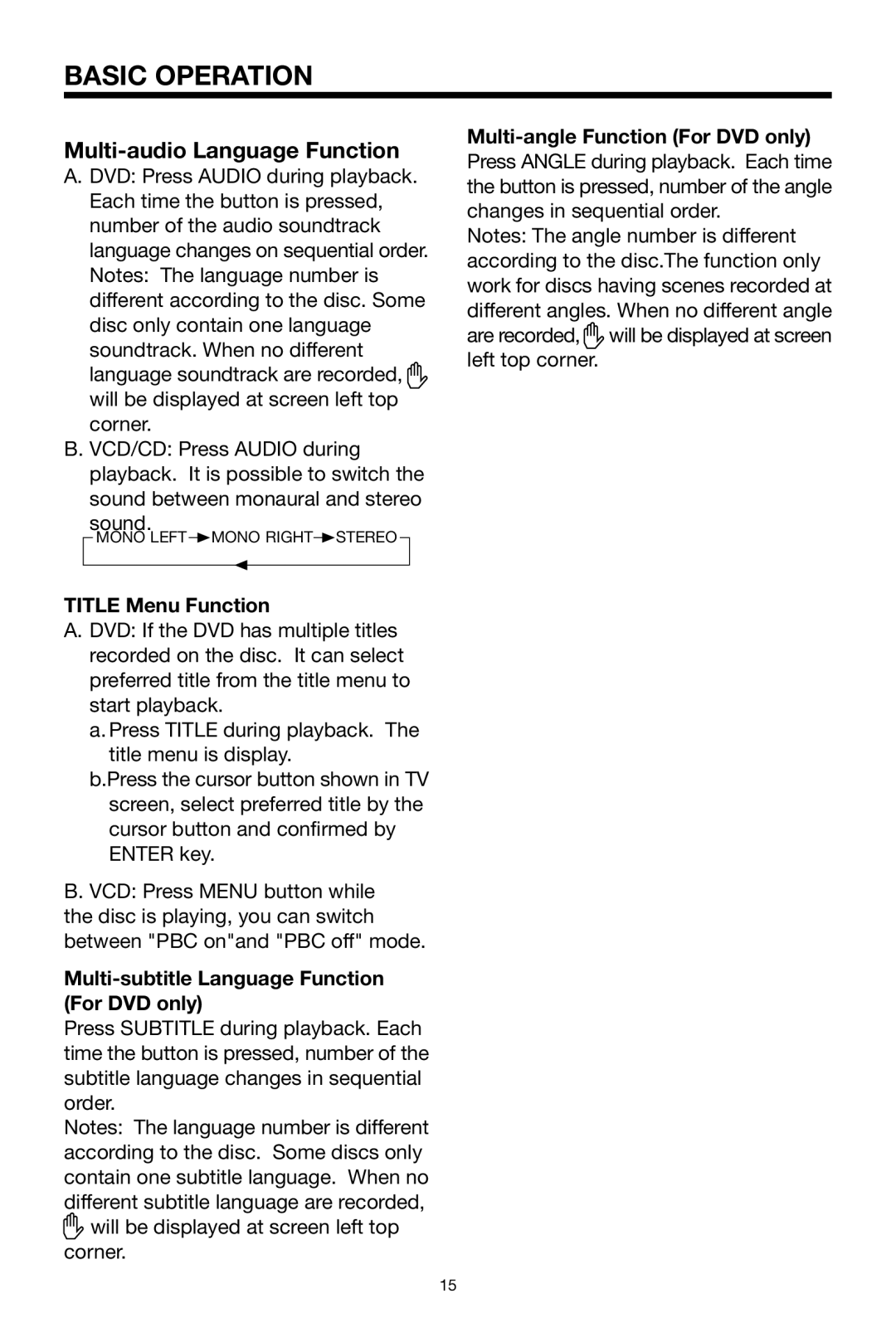 PYLE Audio PLDVD178USB owner manual Title Menu Function, Multi-subtitle Language Function For DVD only 