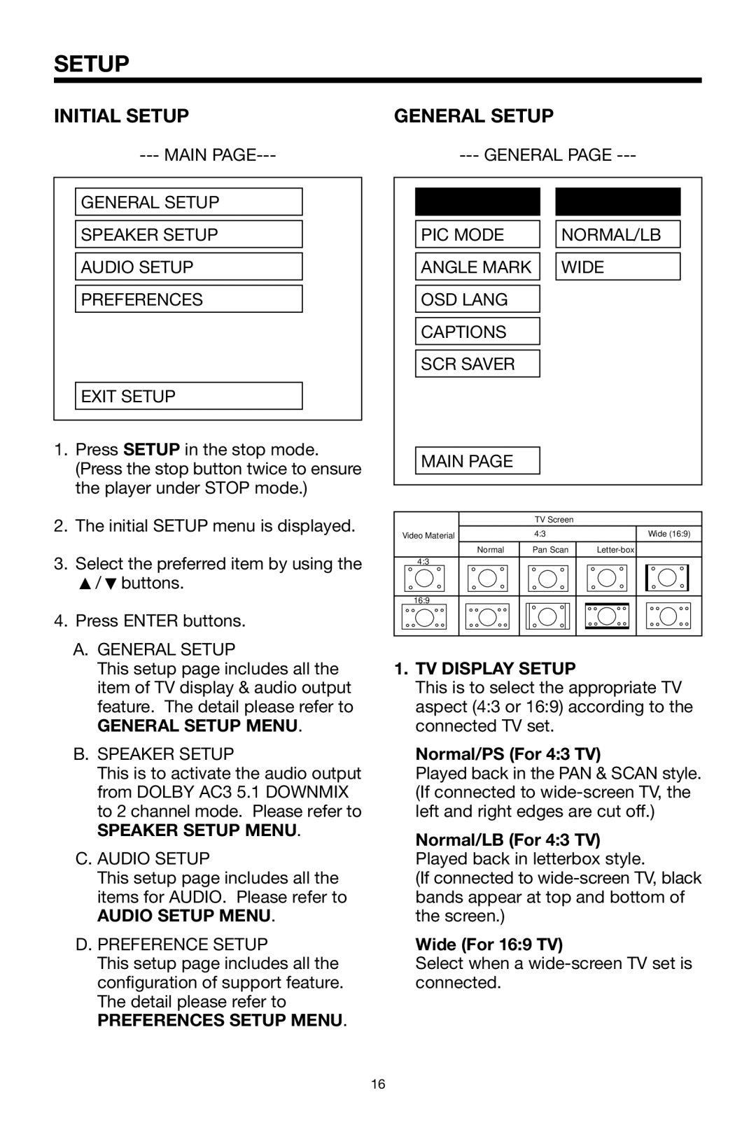 PYLE Audio PLDVD178USB owner manual Initial Setup, General Setup 