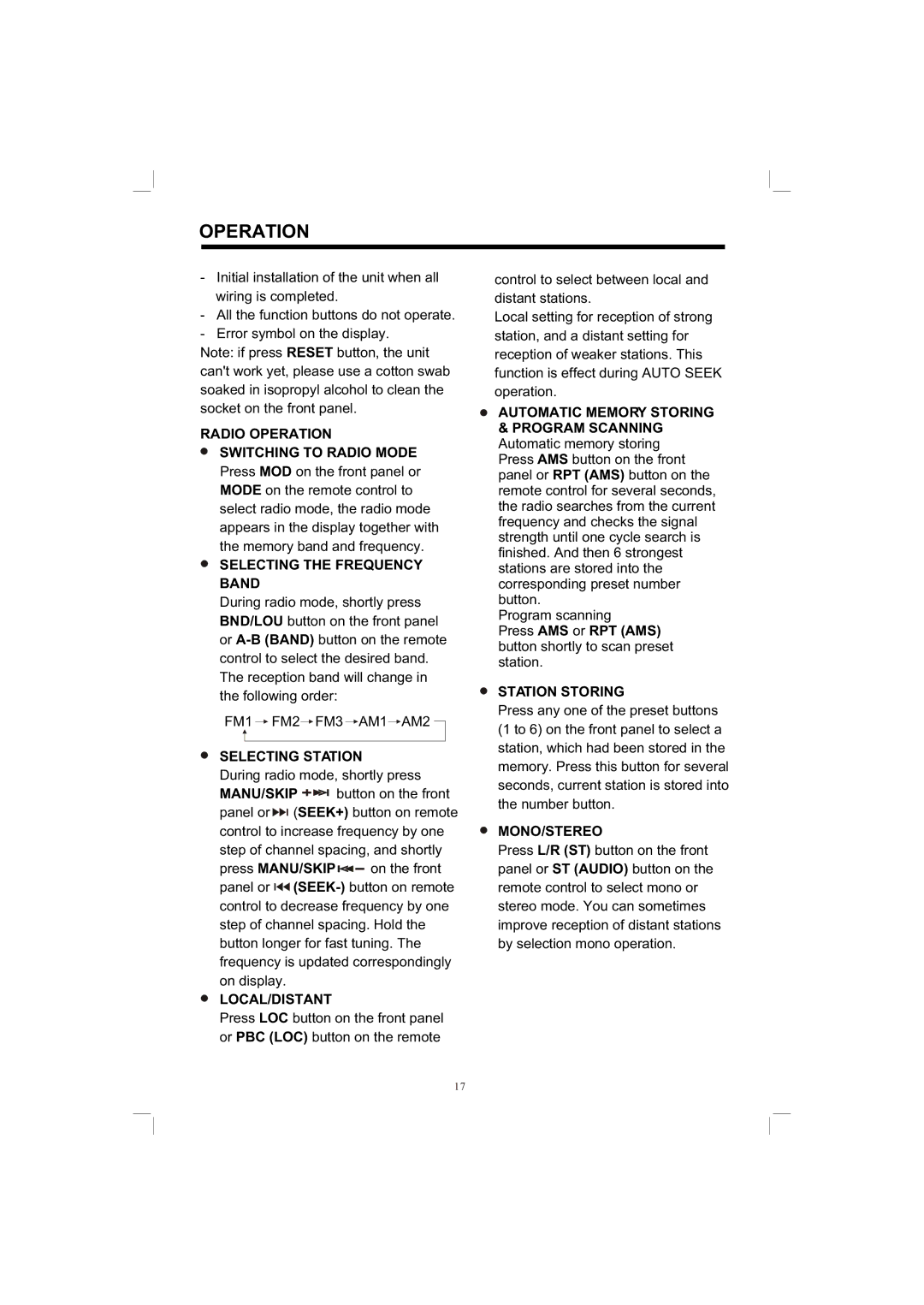 PYLE Audio PLDVD198 Radio Operation Switching to Radio Mode, Selecting the Frequency Band, Selecting Station, Mono/Stereo 