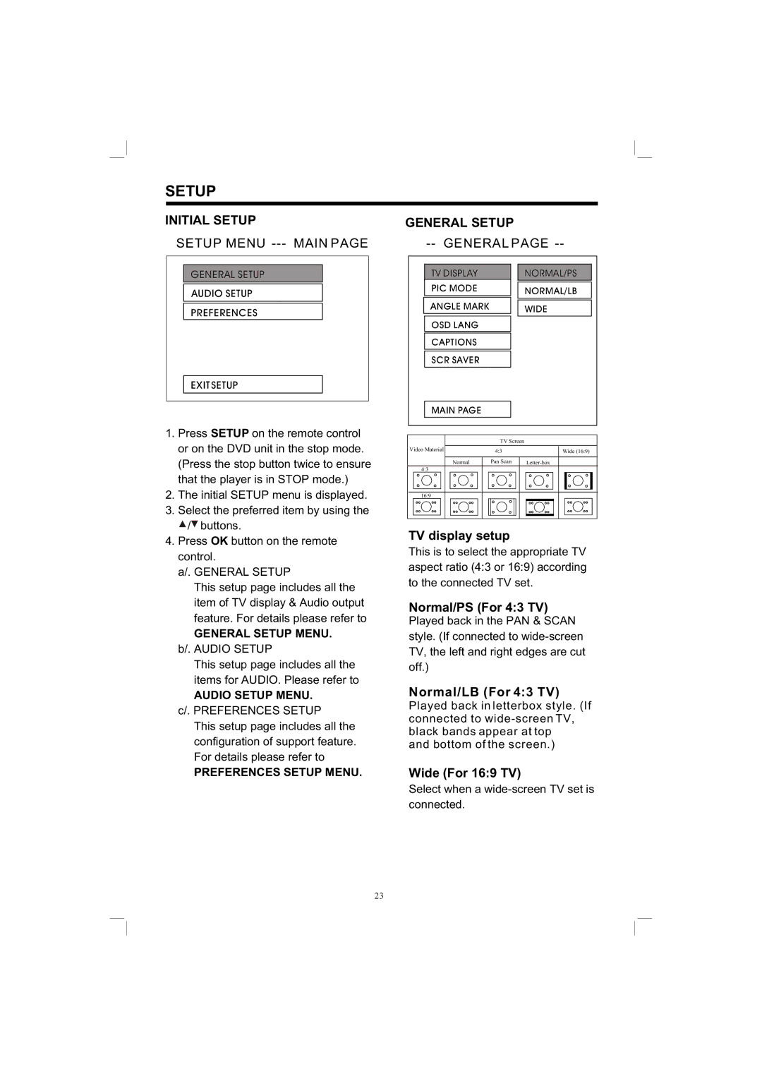 PYLE Audio PLDVD198 owner manual Initial Setup, General Setup 